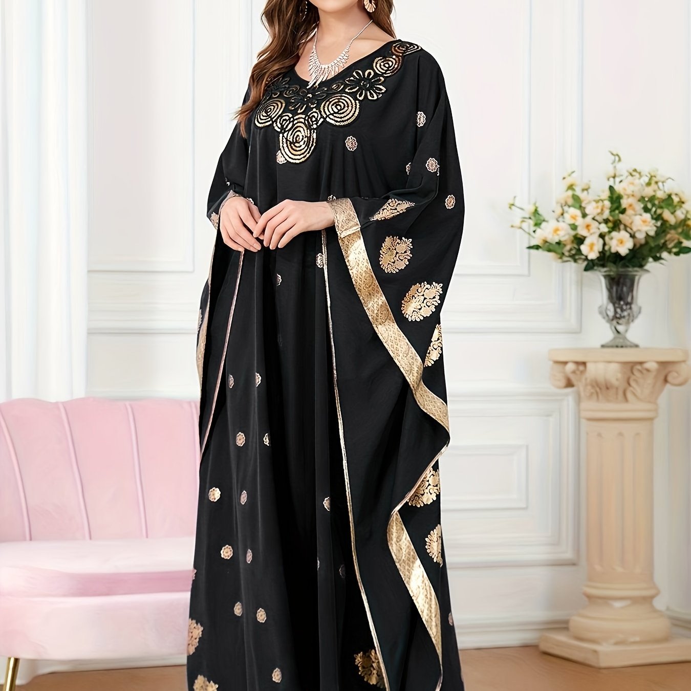 Graphic Print Batwing Sleeve Kaftan Dress, /MH
