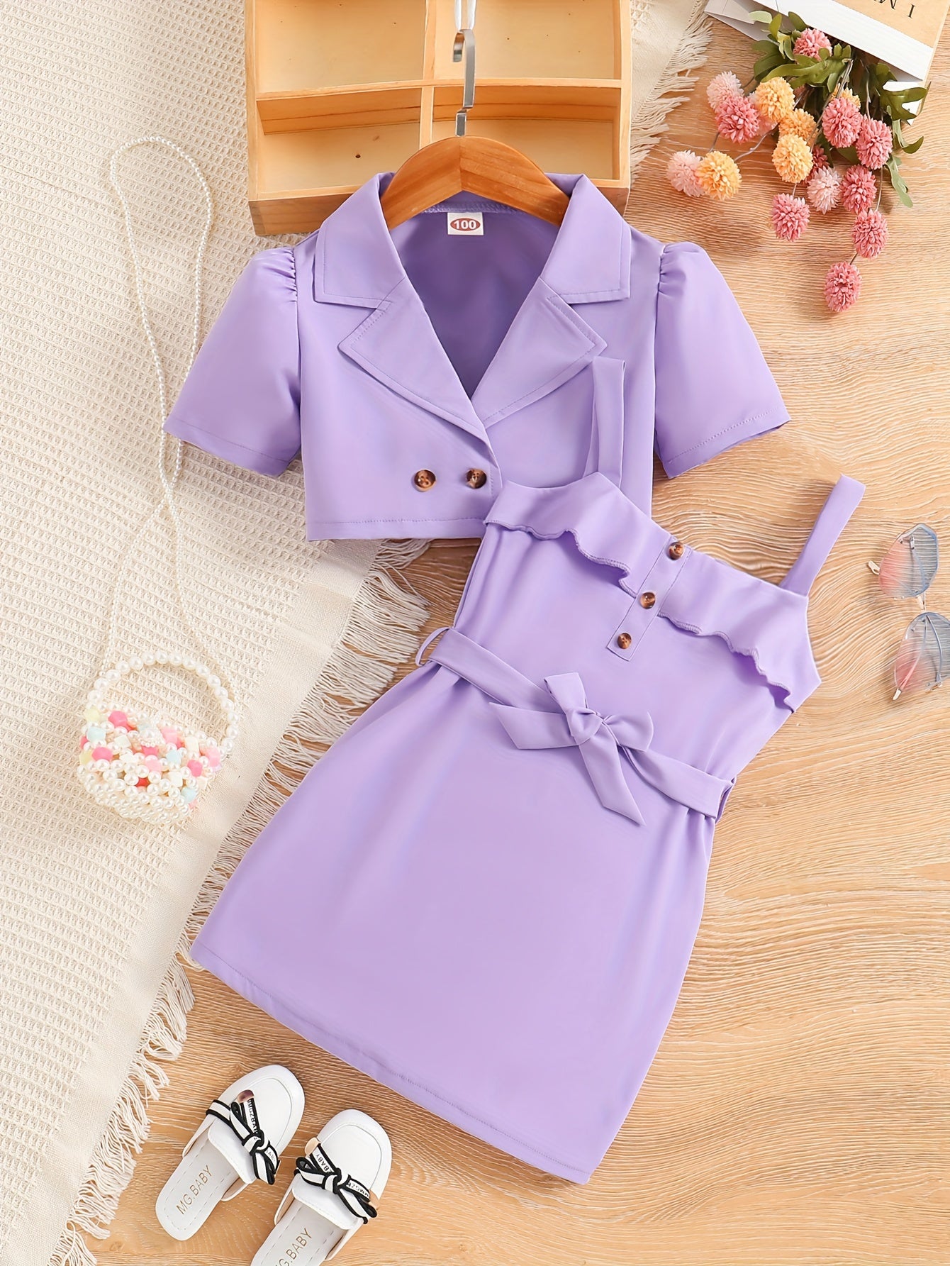 2pcs Girls Fashion Solid Non Stretch Puff Sleeve Double Button Blazer.