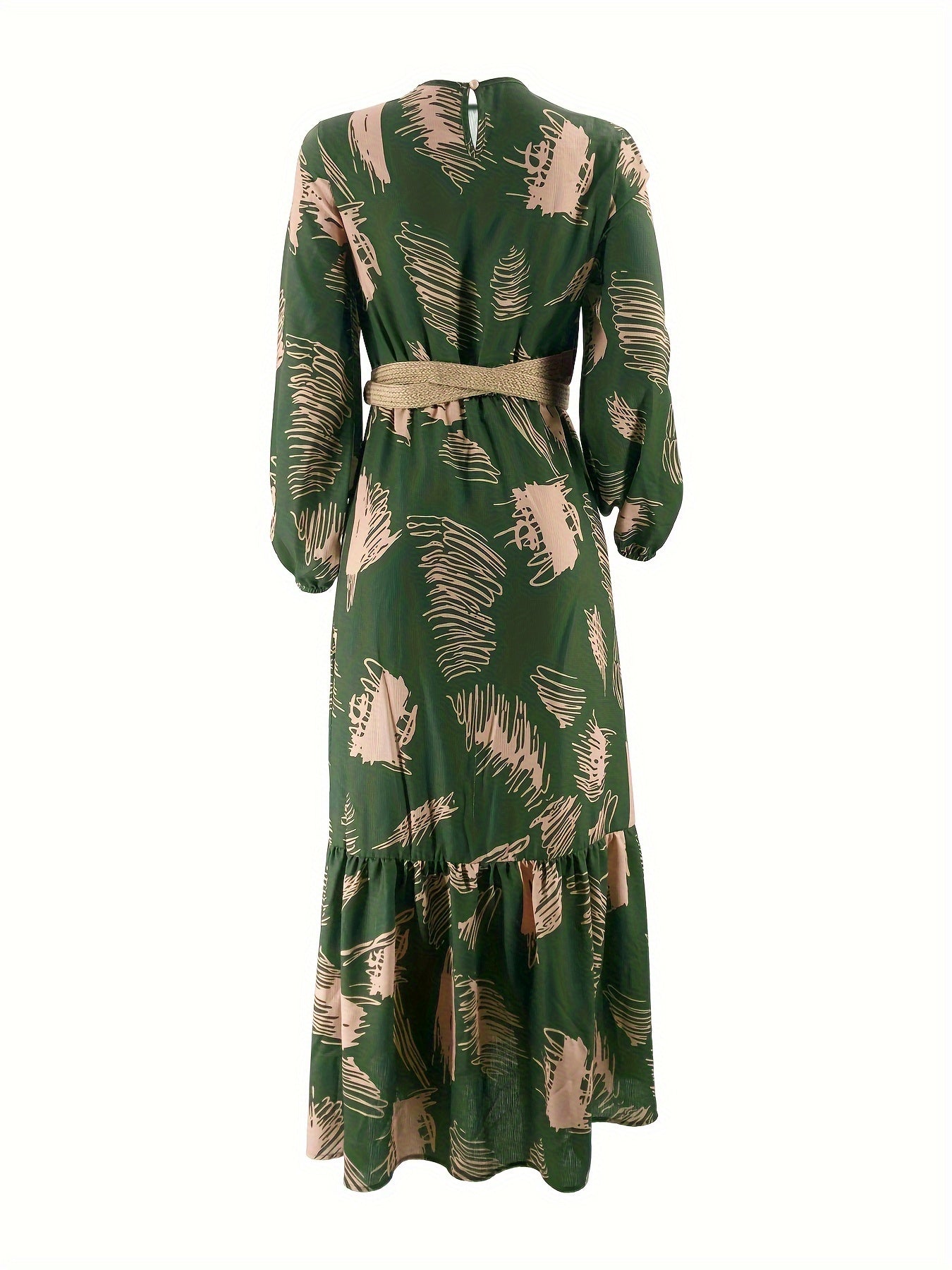 All Over Print Crew Neck Kaftan, Casual Long Sleeve Maxi Dress,/MH