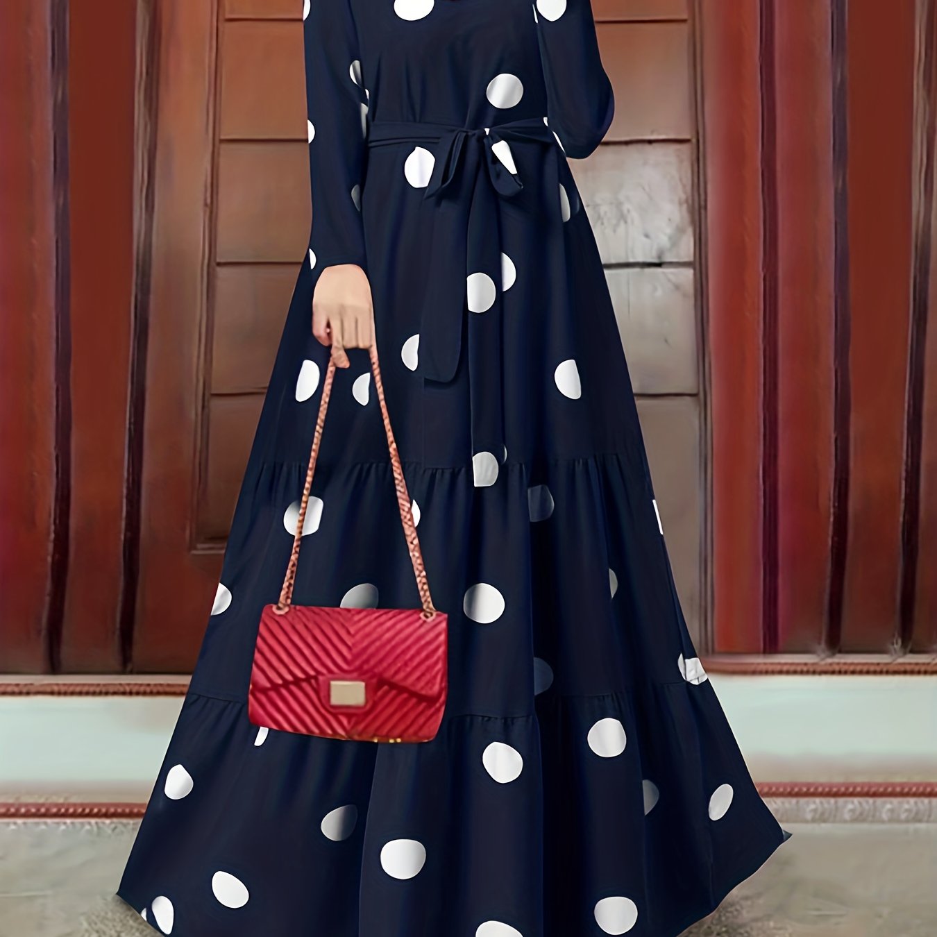 Polka Dot Print Kaftan Dress, Casual Long Sleeve 'MH