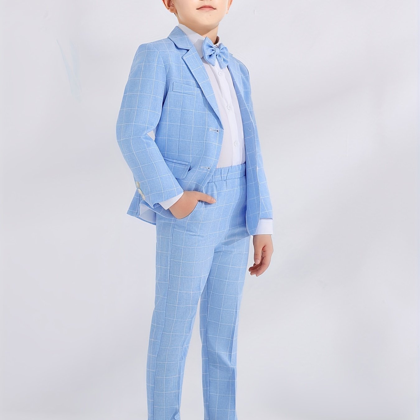3pcs Boys Formal Plaid Gentleman Outfits, Long Sleeve Blazer.