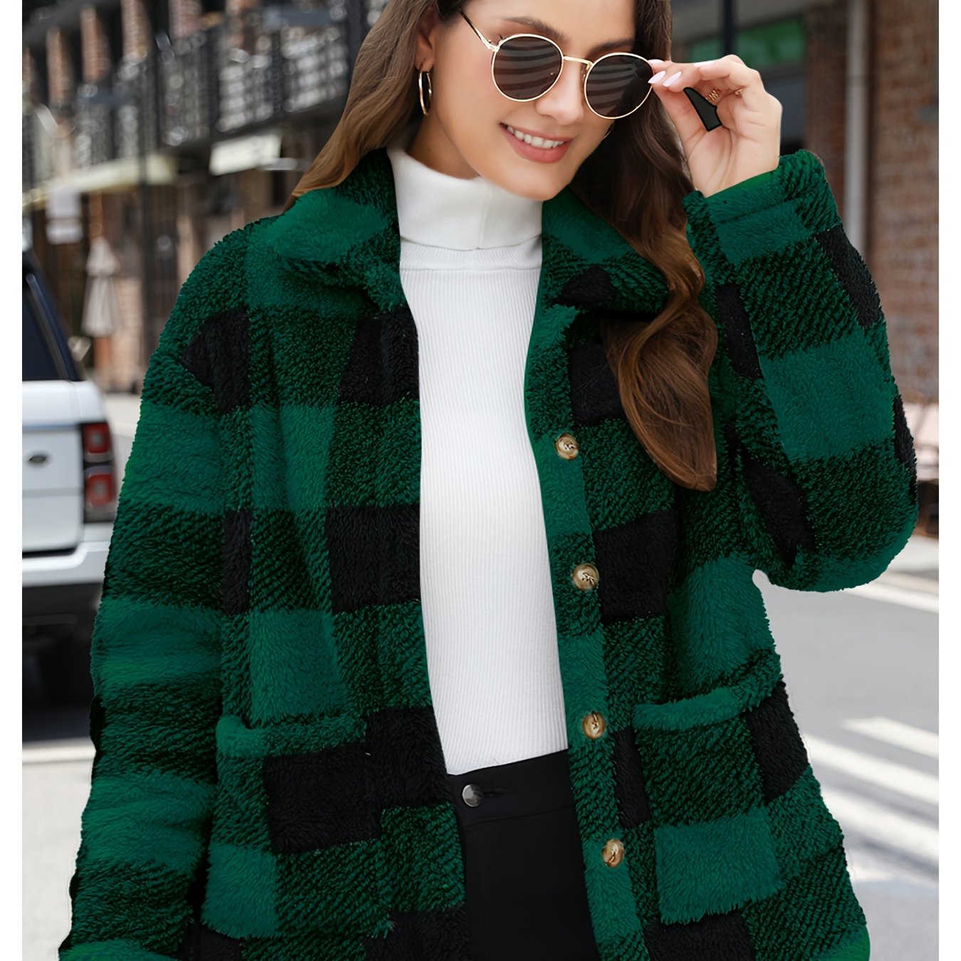Long Sleeve Plaid Print Teddy Coat with Patched Pockets - Soft, Warm,