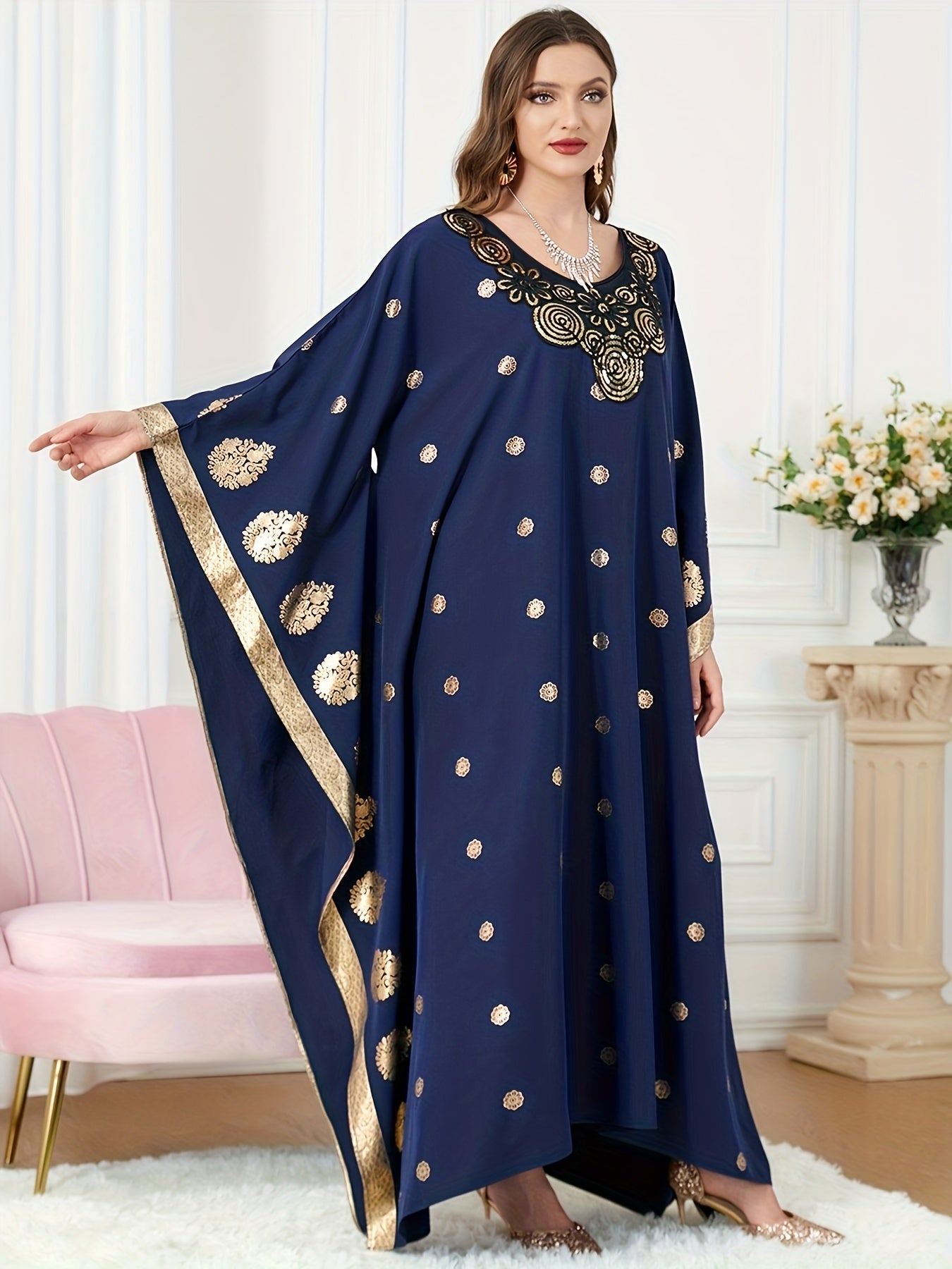 Graphic Print Batwing Sleeve Kaftan Dress, /MH
