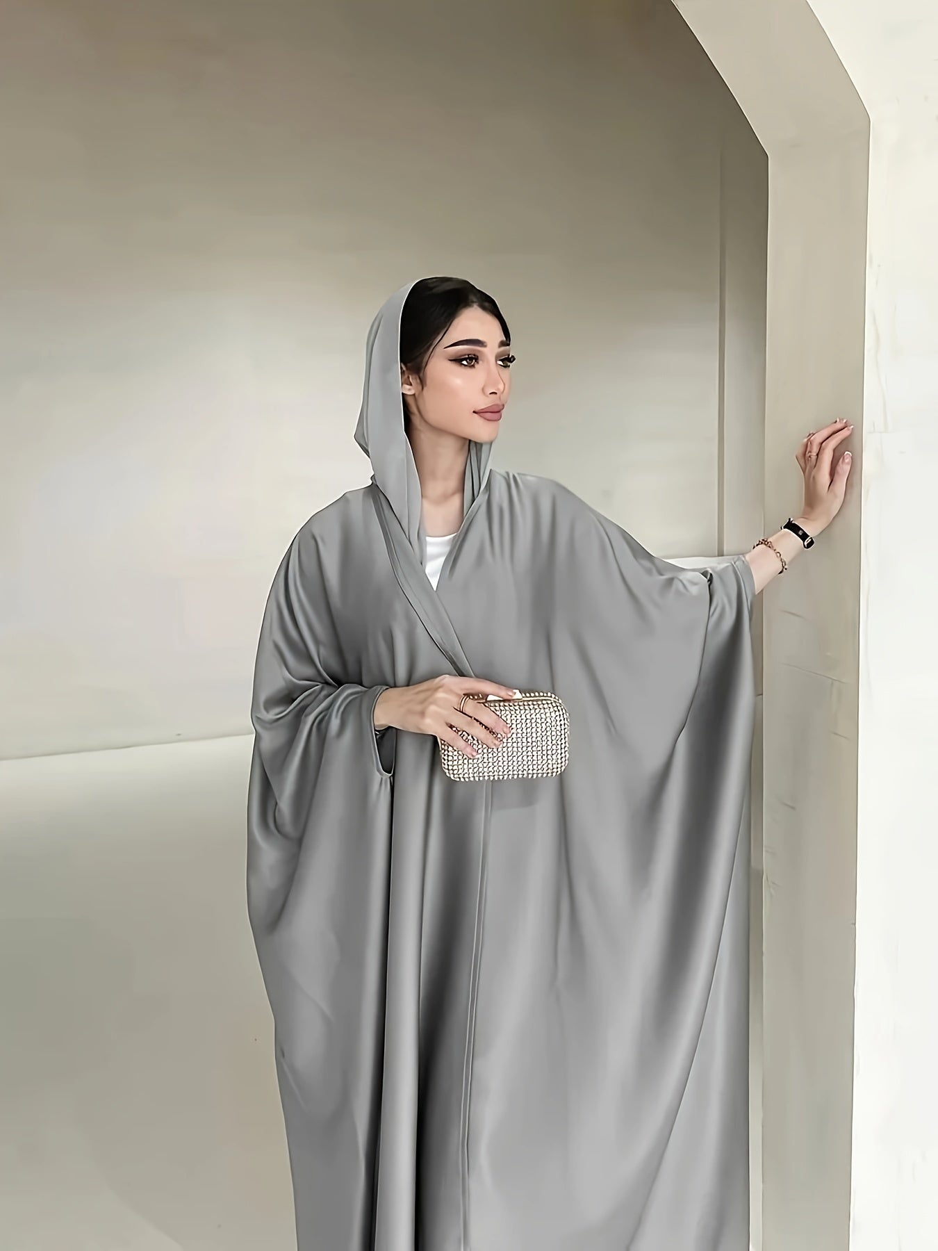 Open Front Hoodie Kaftan Dress, Elegant Long Batwing Sleeve Non-Stretch '/MH