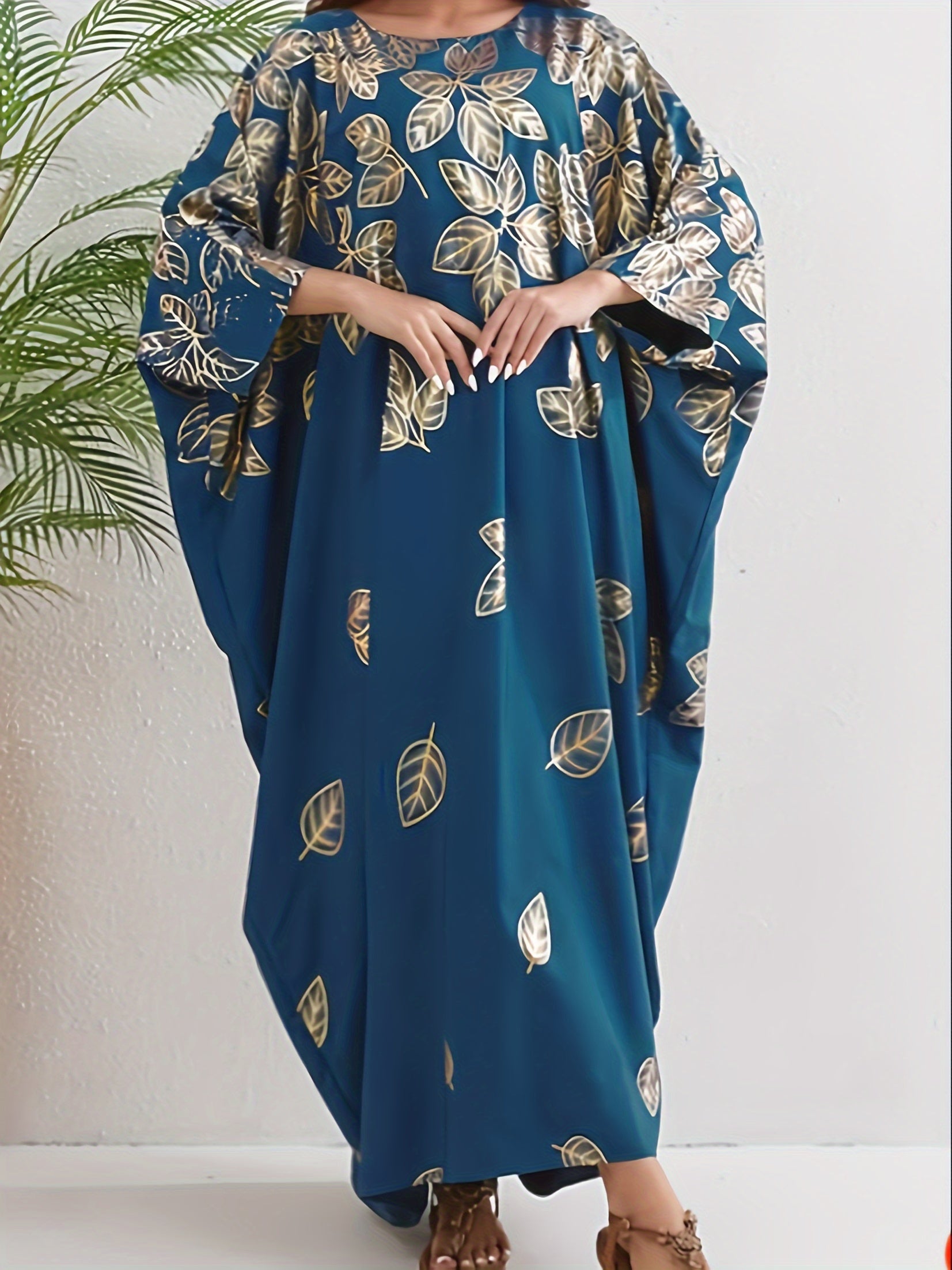 Leaf Print Crew Neck Kaftan, Elegant Batwing Sleeve'/MH