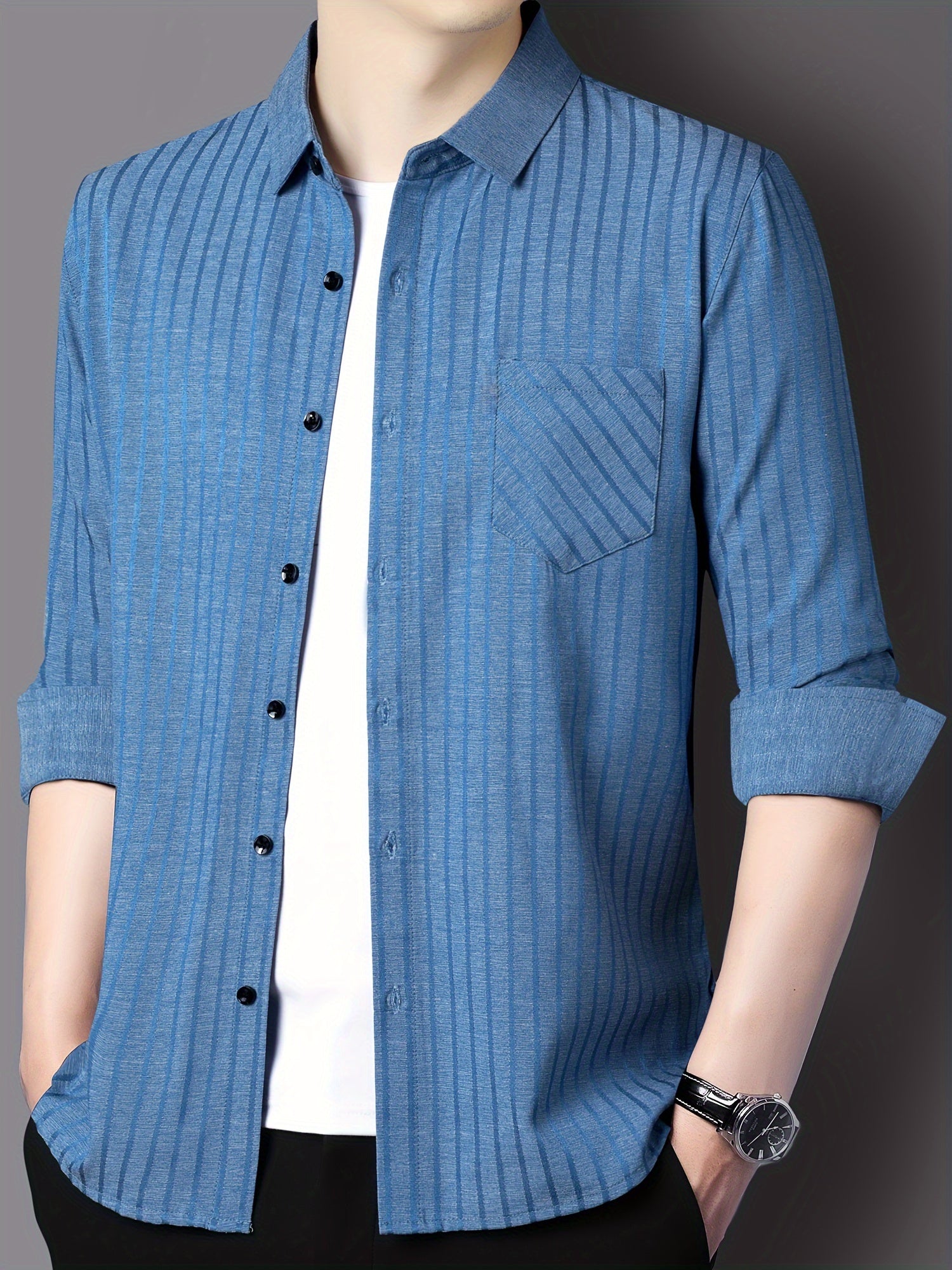 Men's Striped Lapel Collar Design Dress Shirts, Long Sleeve.