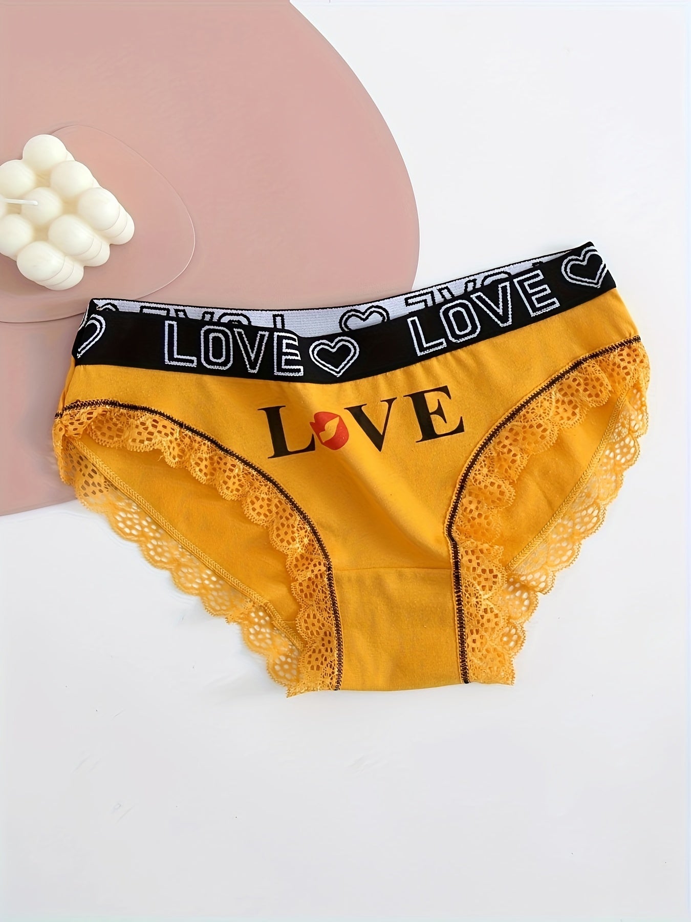5pcs Contrast Lace Letter Print Briefs, Comfy & Breathable Scallop Trim Panties, /MH