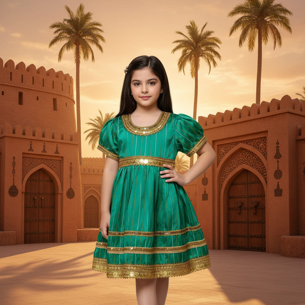 Omani Heritage Girls' Emerald Green Silk Dress - Golden Zari Work (Ages 4)