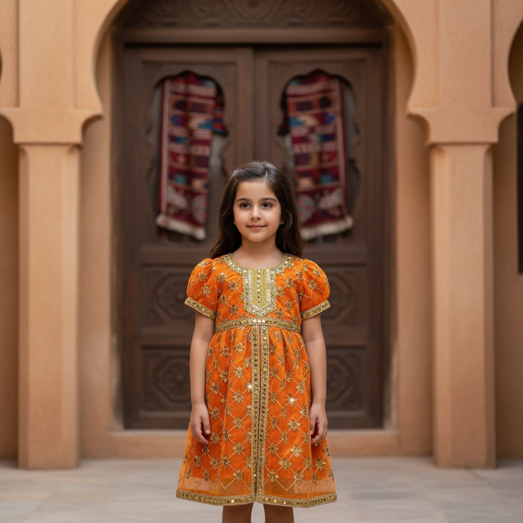 Orange Gold Embroidered Girls Abaya Dress with Belt - Modest Islamic Kaftan for Kids | (24) 4 Years | MH