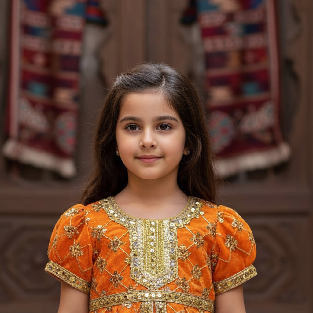 Orange Gold Embroidered Girls Abaya Dress with Belt - Modest Islamic Kaftan for Kids | (24) 4 Years | MH