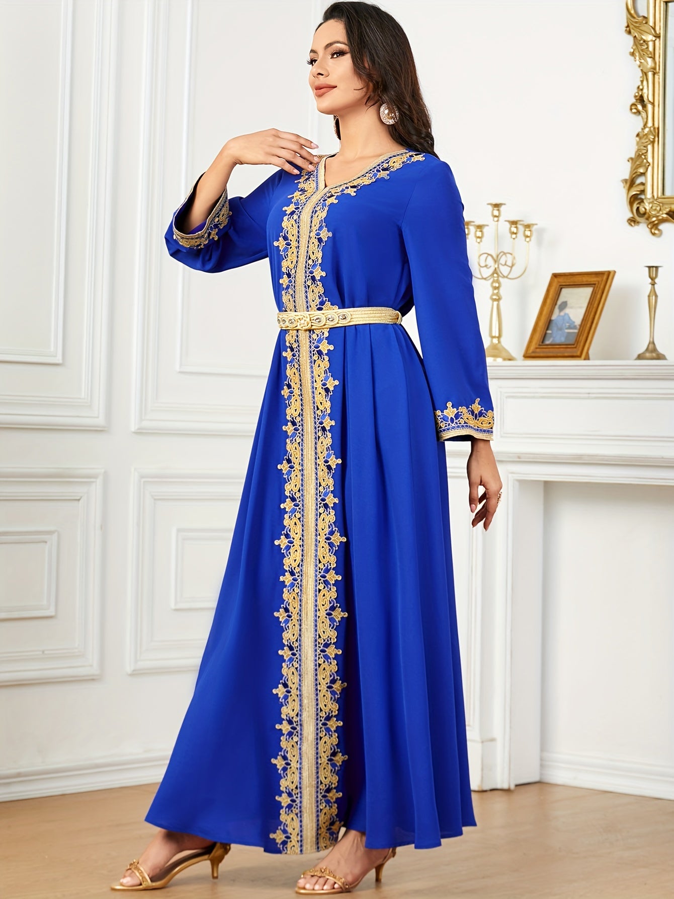 Contrast Lace V-neck Kaftan Dress, Elegant Long Sleeve'/MH