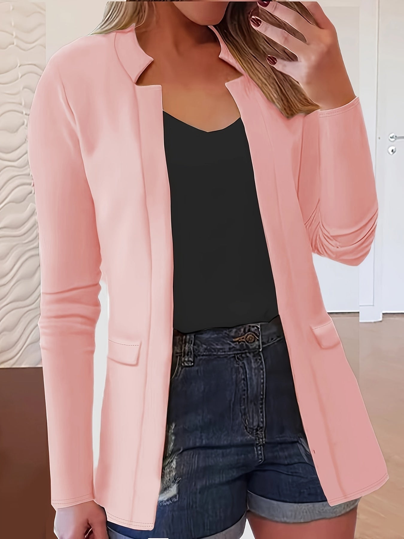 Solid Open Front Blazer, Casual Long Sleeve Blazer For Office,