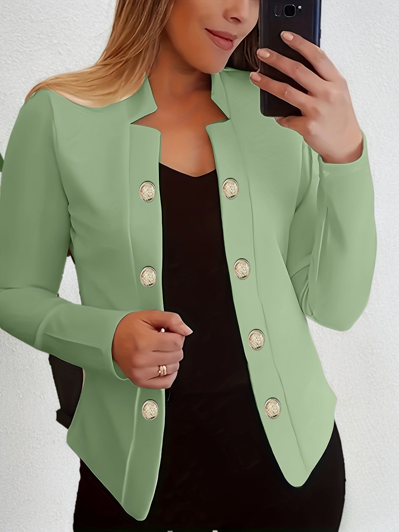 Button Decor Open Front Blazer, Casual Long Sleeve.