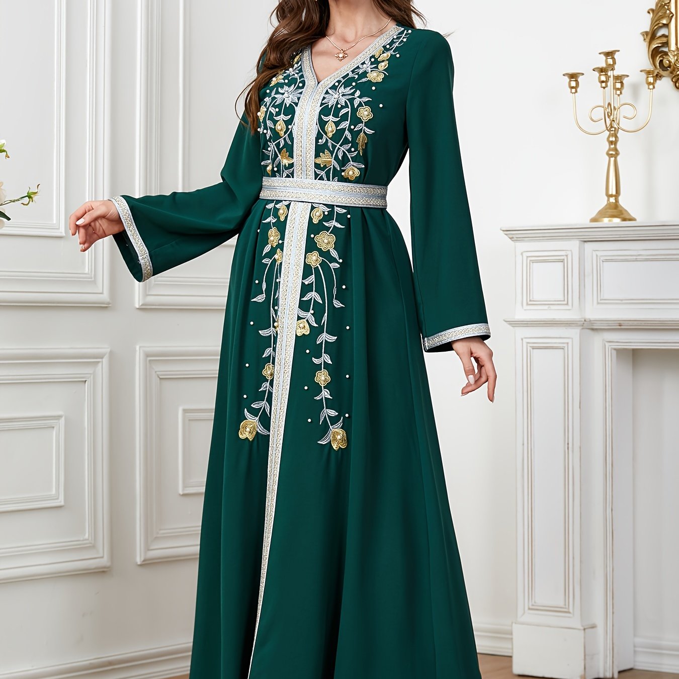 Ramadan Beaded Floral Pattern Kaftan, Elegant Long Sleeve 'MH