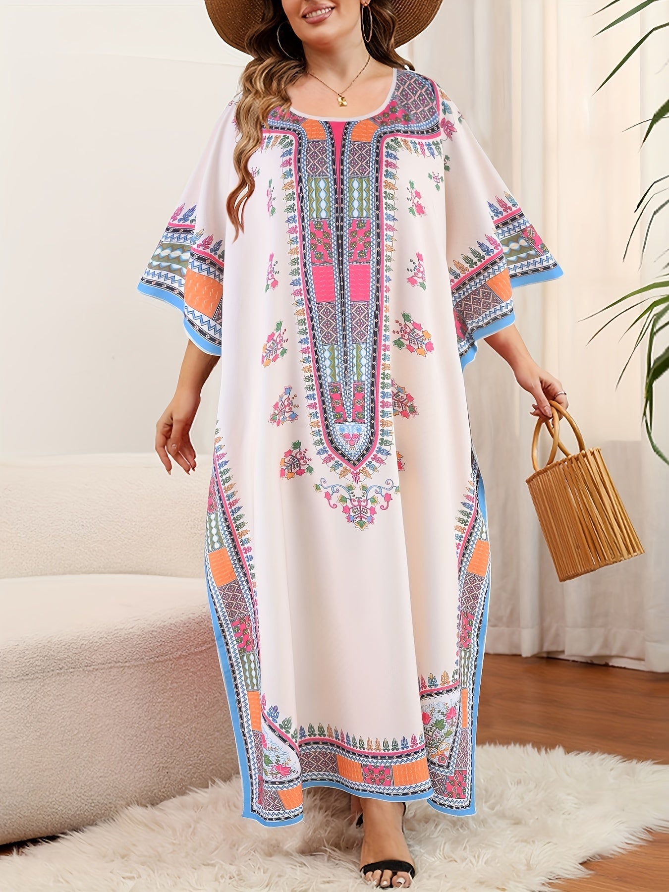 [Tribal Print, Plus Size Abaya] Elegant Plus Size Kaftan Abaya Dress -/MH