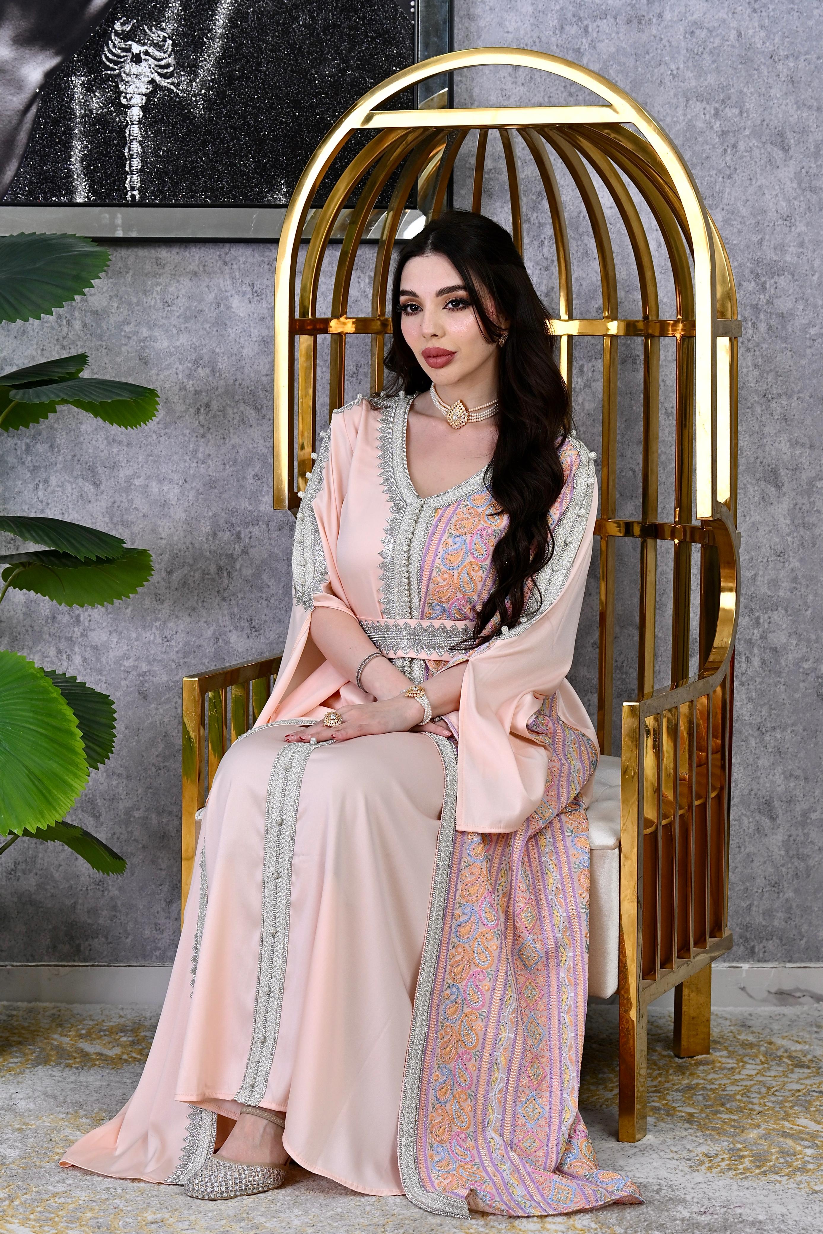 Panel Embroidered Dubai Kaftan with Waist Belt | Eid Occasion Wear Elite Women's Artisan  Luxury Hand-Stitched Occasion Gown |3 colors-| Sizes S-XL | MH