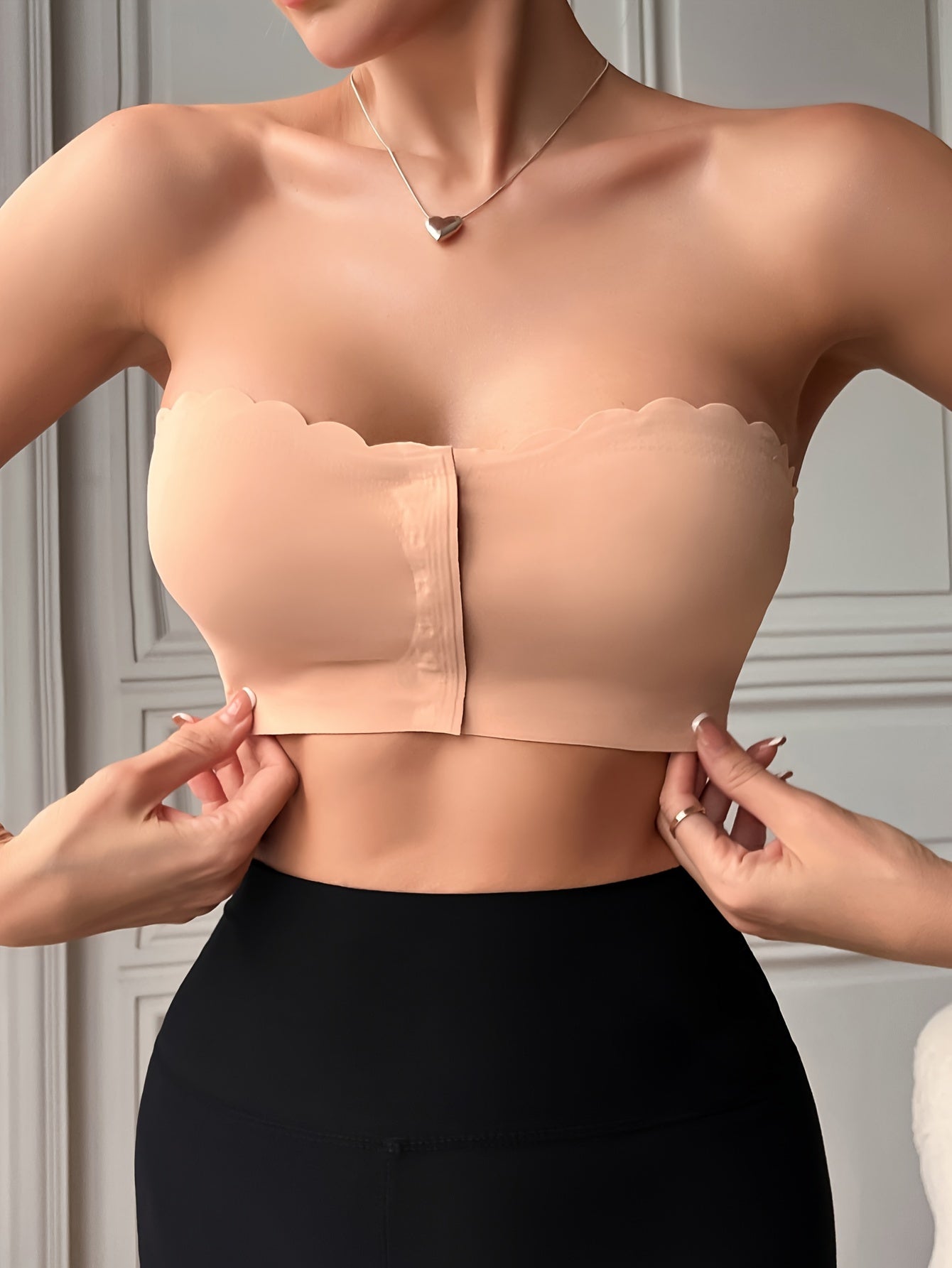 Solid Seamless Strapless Front Closure Wireless Strapless Bra,/MH