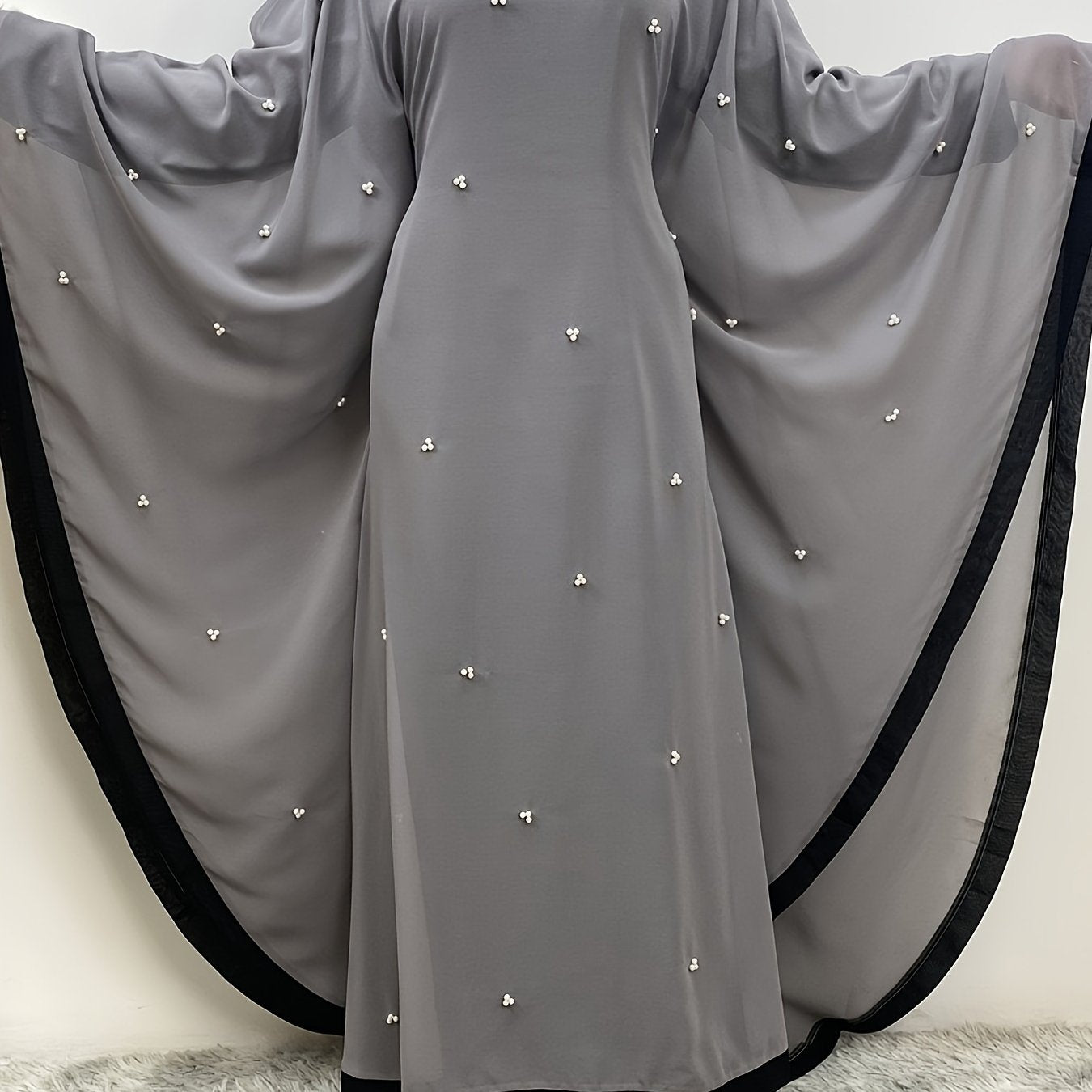 Beaded Contrast Trim Modest Dress, Elegant Batwing Sleeve Loose Maxi '/MH