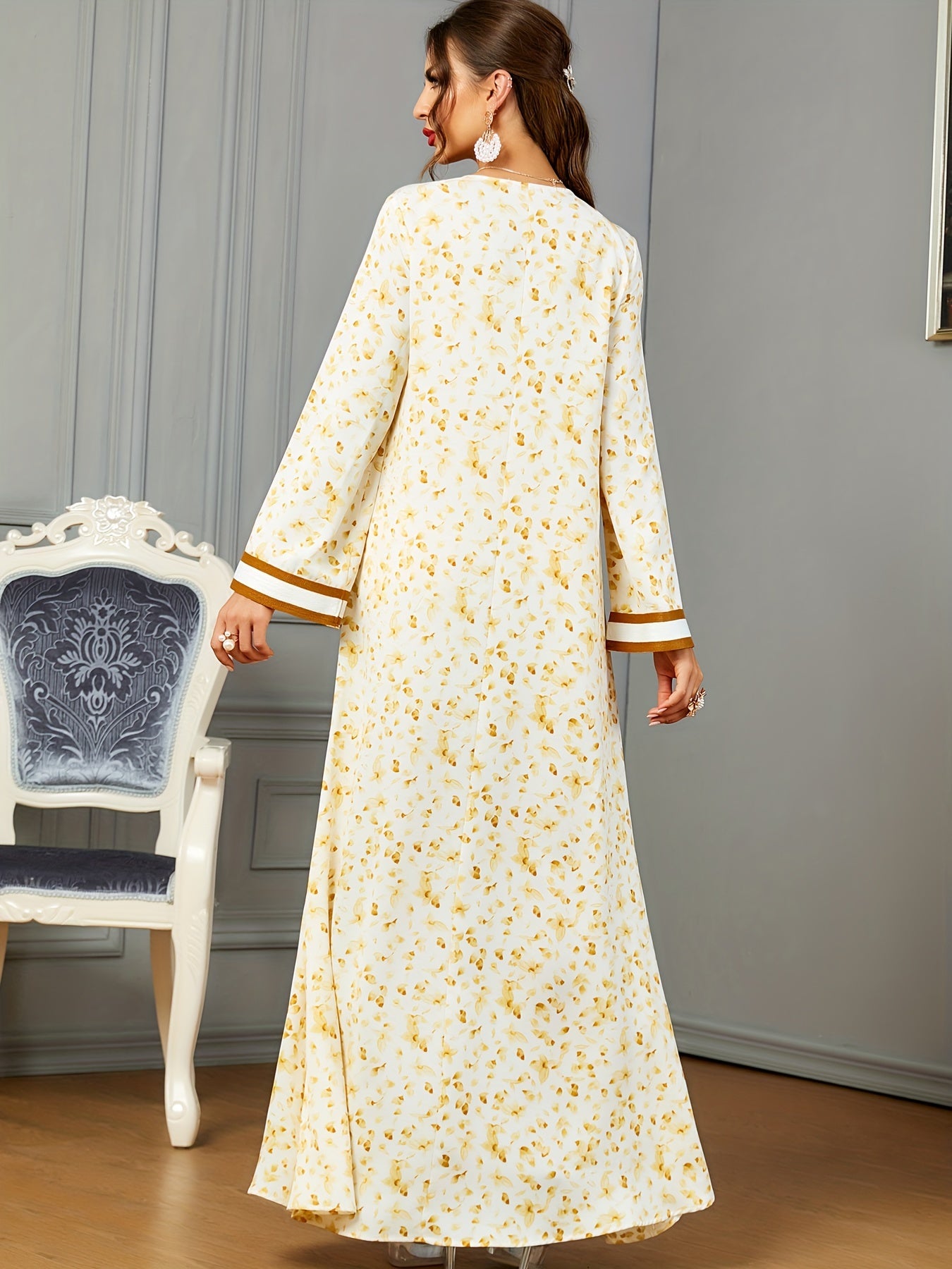 Floral Print Notch Neck Kaftan, Elegant Long Sleeve Maxi women fashion ;/MH