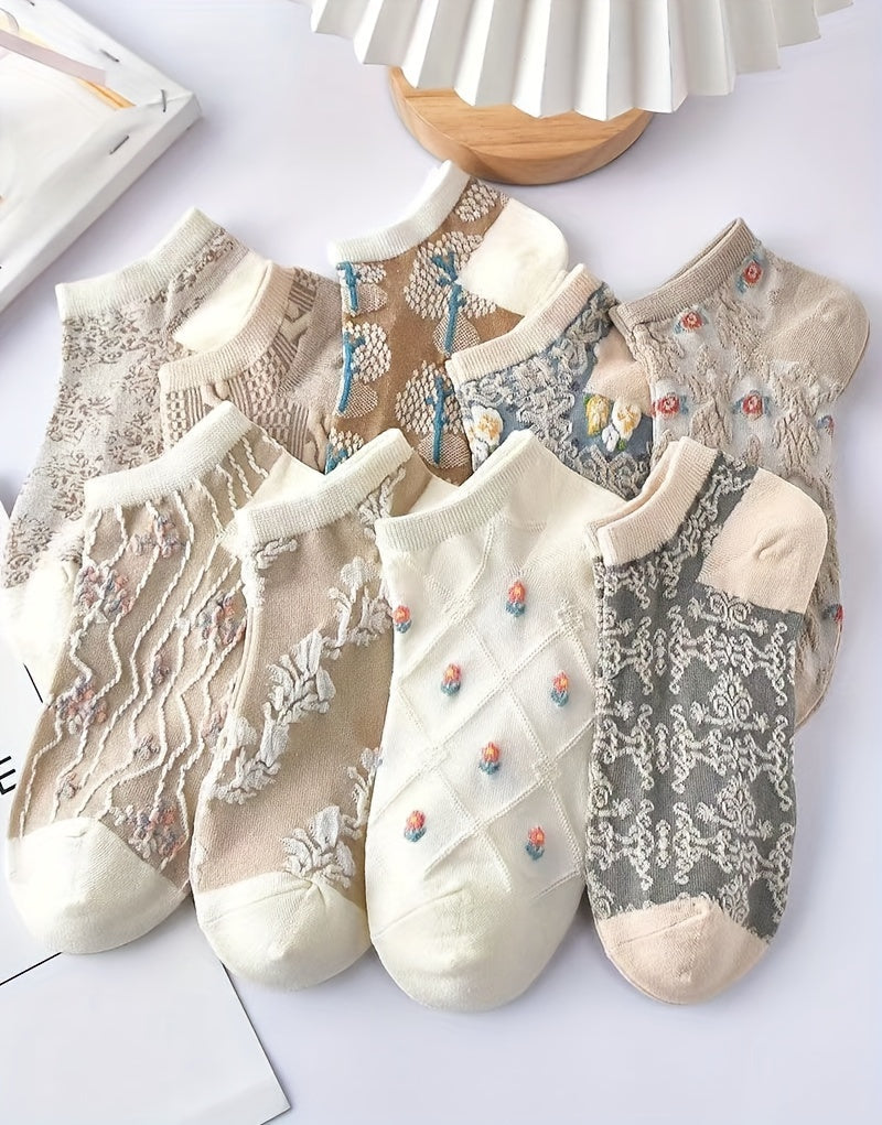 9 Pairs Vibrant Floral Print Low Cut Ankle Socks - Women's ./MH