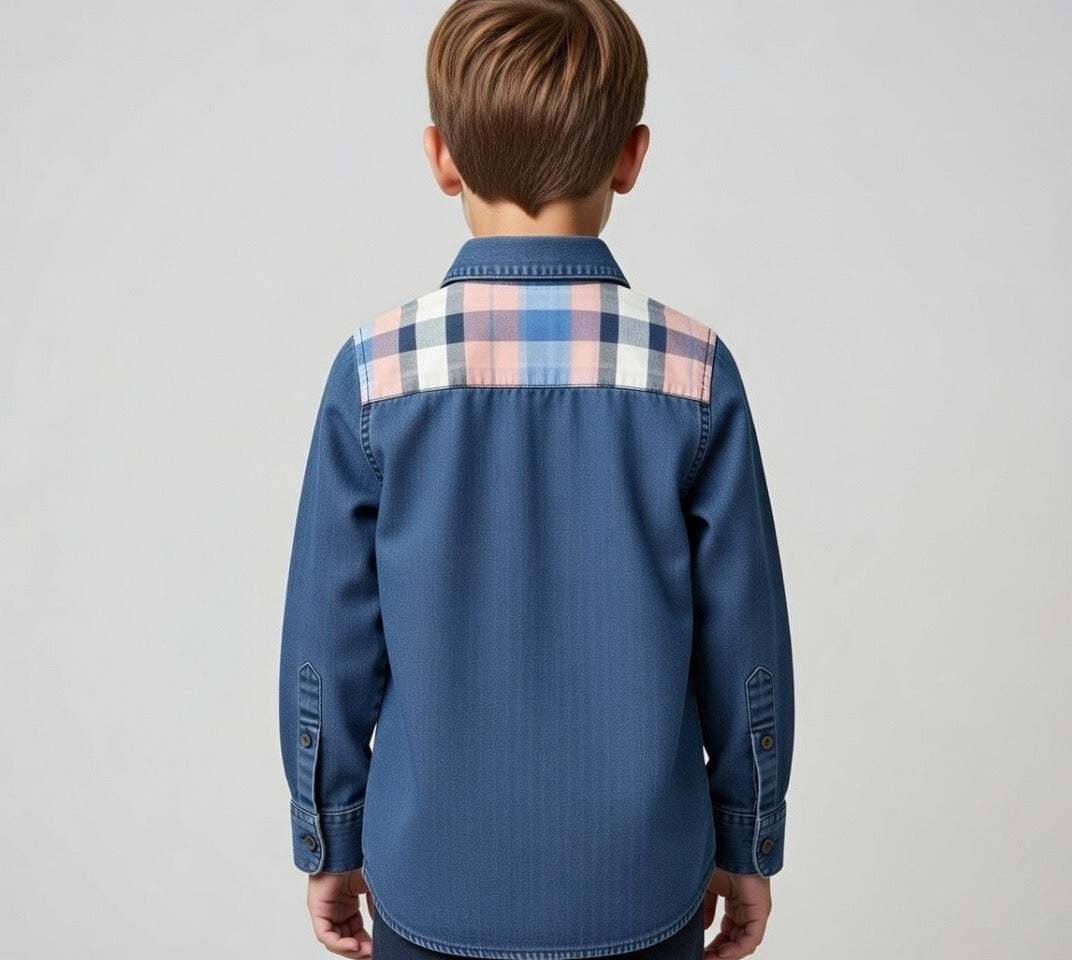 Boys Navy Blue Cotton Long Sleeve Shirt | Pink Plaid Contrast Yoke & Pocket | Ages 2–12 Years | MH