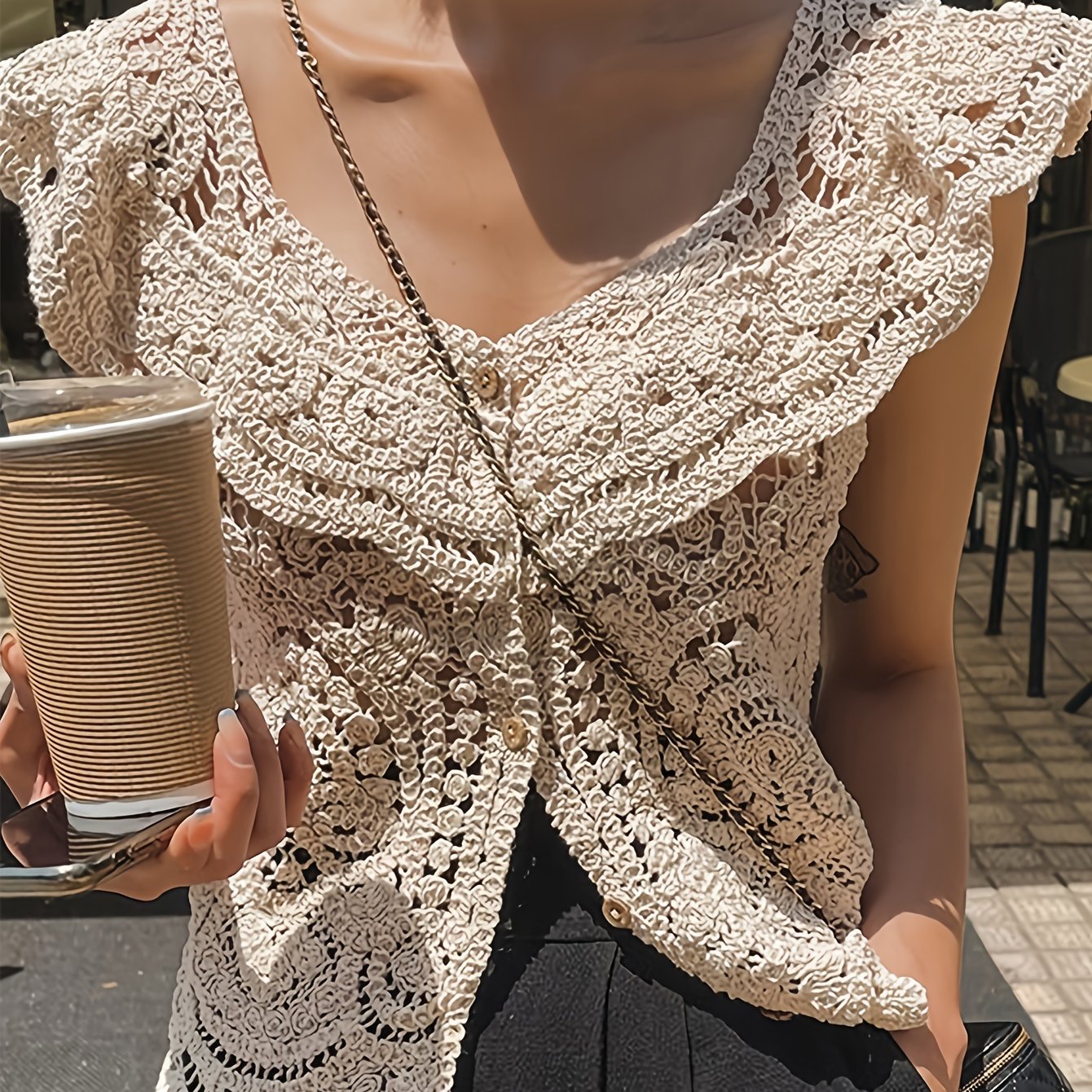 Solid Color Button Front Blouse, Boho Short Sleeve Cut Out Cardigans Top.