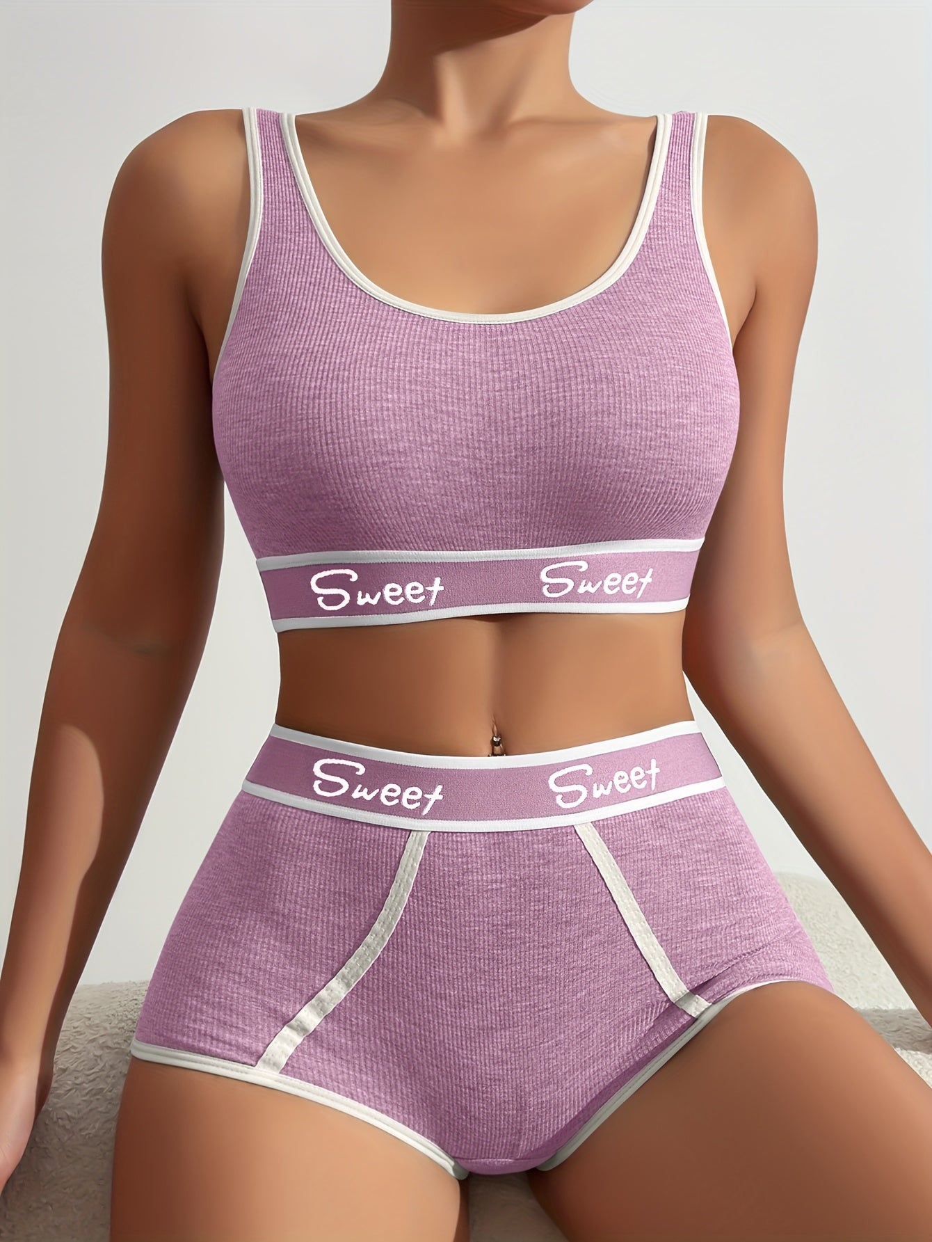 1set Women'S Viscose Lingerie Set - Casual Alphabet Print Bra and Panties, Soft /MH