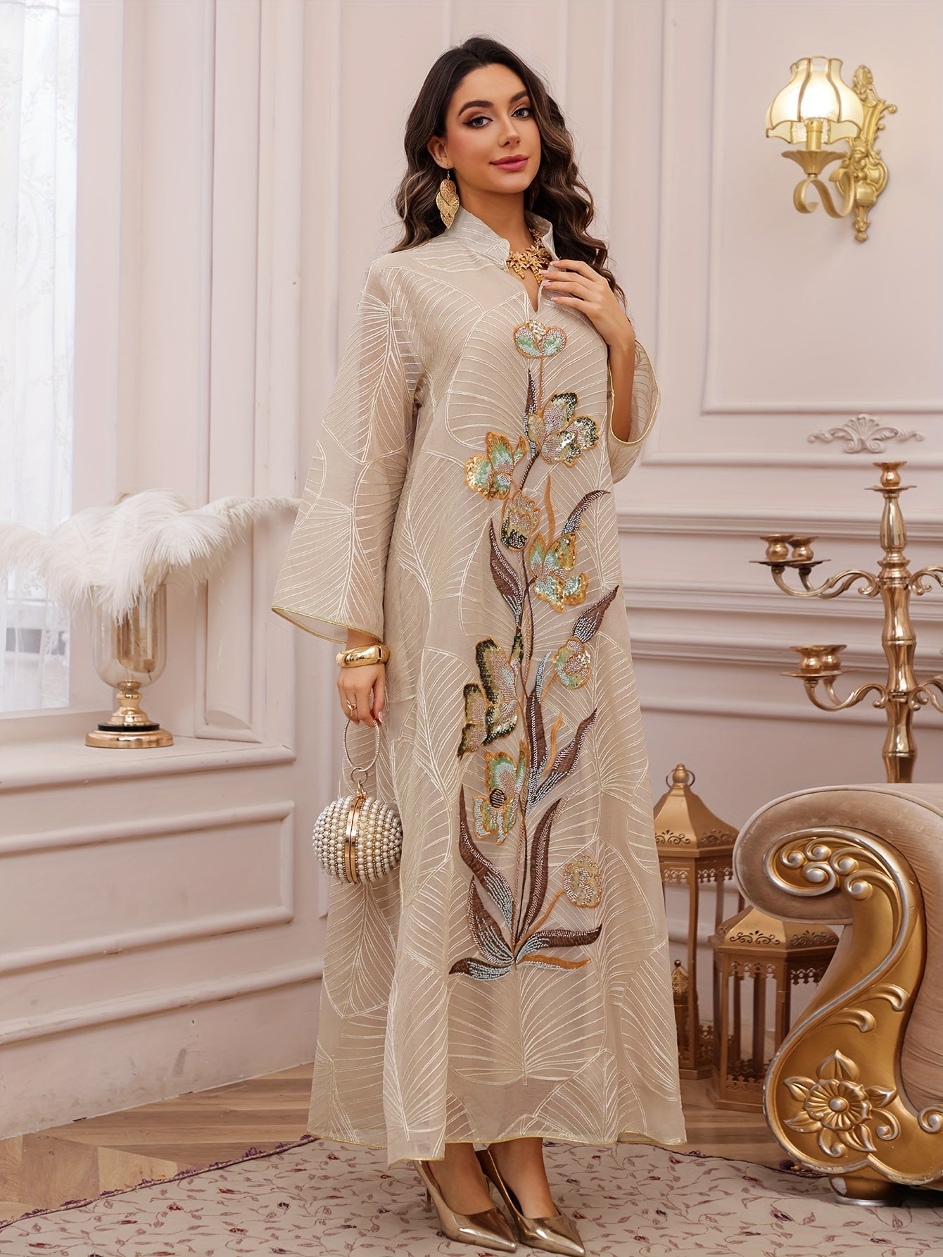 Elegant Women'S Sequin Mesh Kaftan Dress - Long Sleeve,/MH