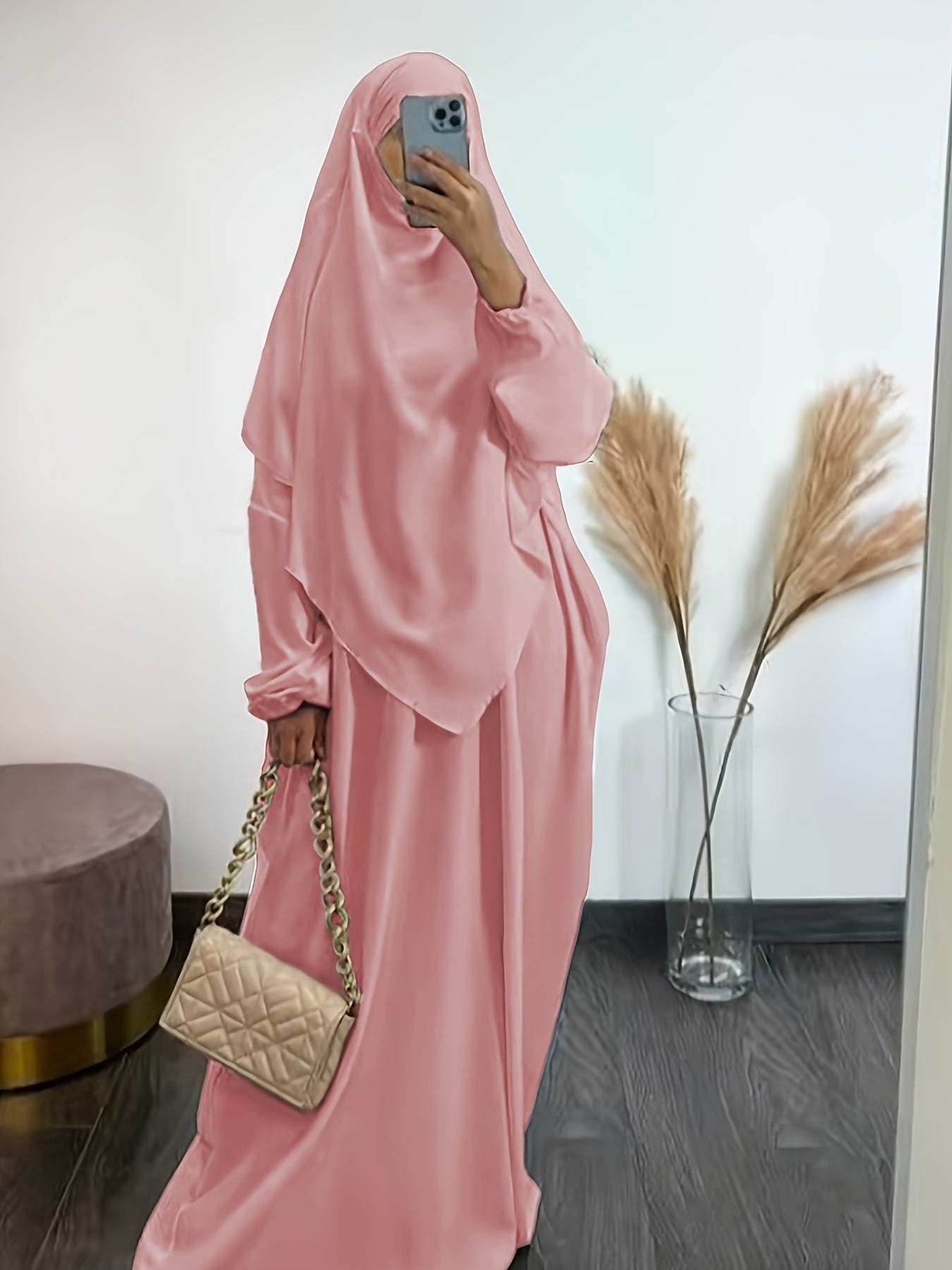 Solid Color Simple Modest Dress, Elegant Long Sleeve Maxi Dress With Hijab, /MH