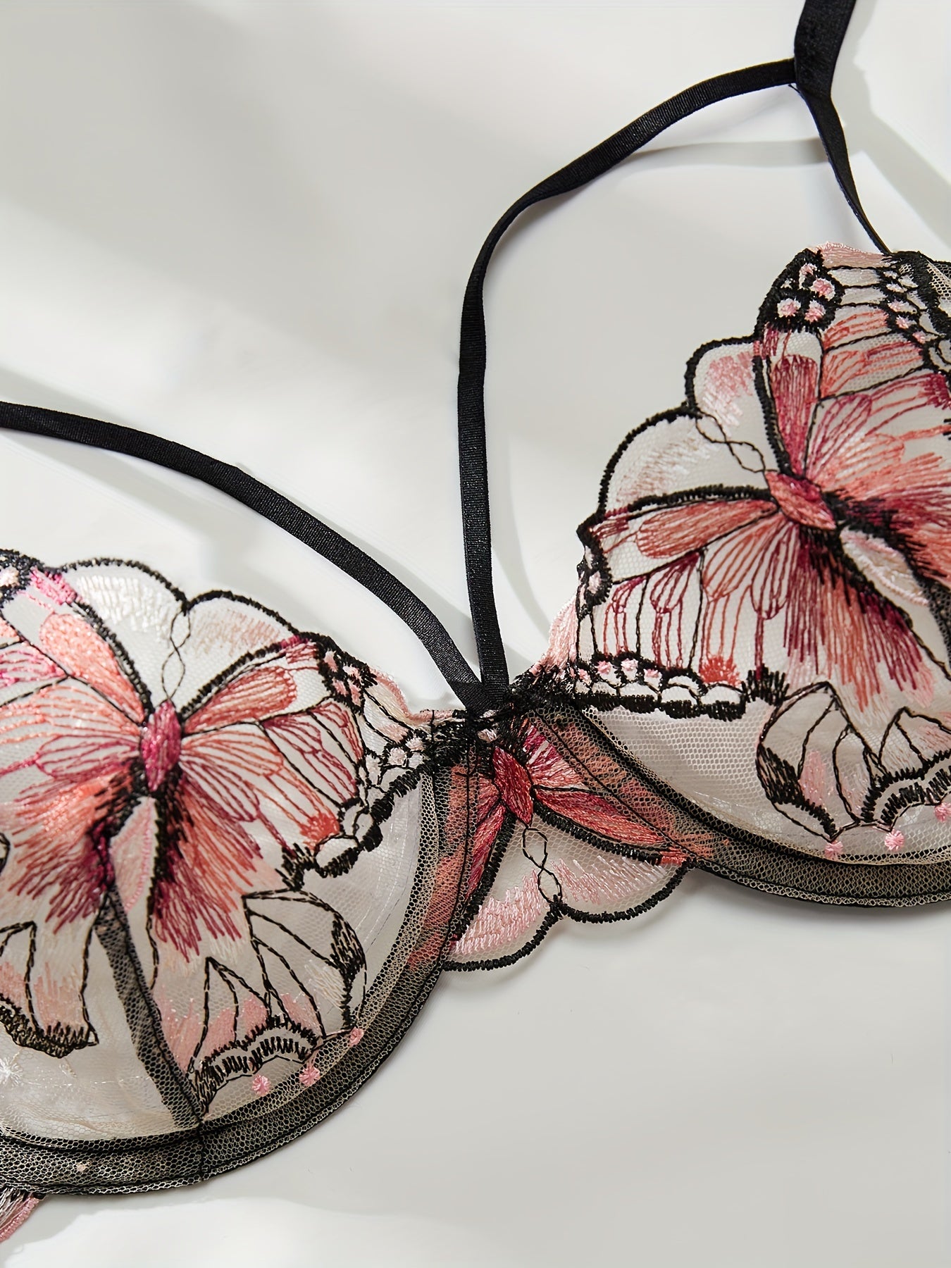 Butterfly Embroidery Mesh Lingerie Set, Strappy Plunge Bra & Thong, /MH