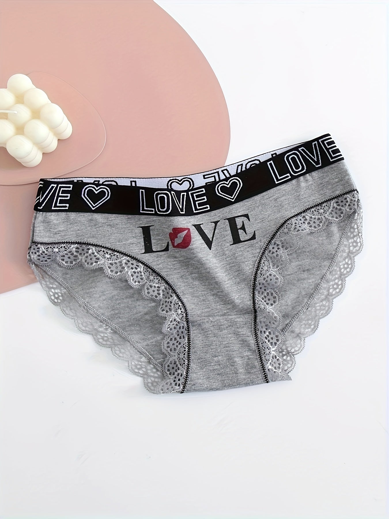 5pcs Contrast Lace Letter Print Briefs, Comfy & Breathable Scallop Trim Panties, /MH