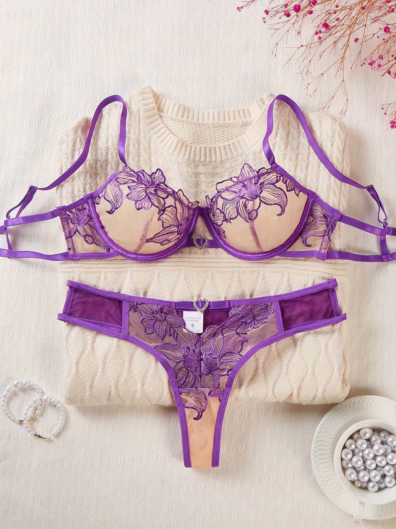 Sexy Floral Embroidery Lace Bra & Panty, Heart Ring Decor Bra'/MH