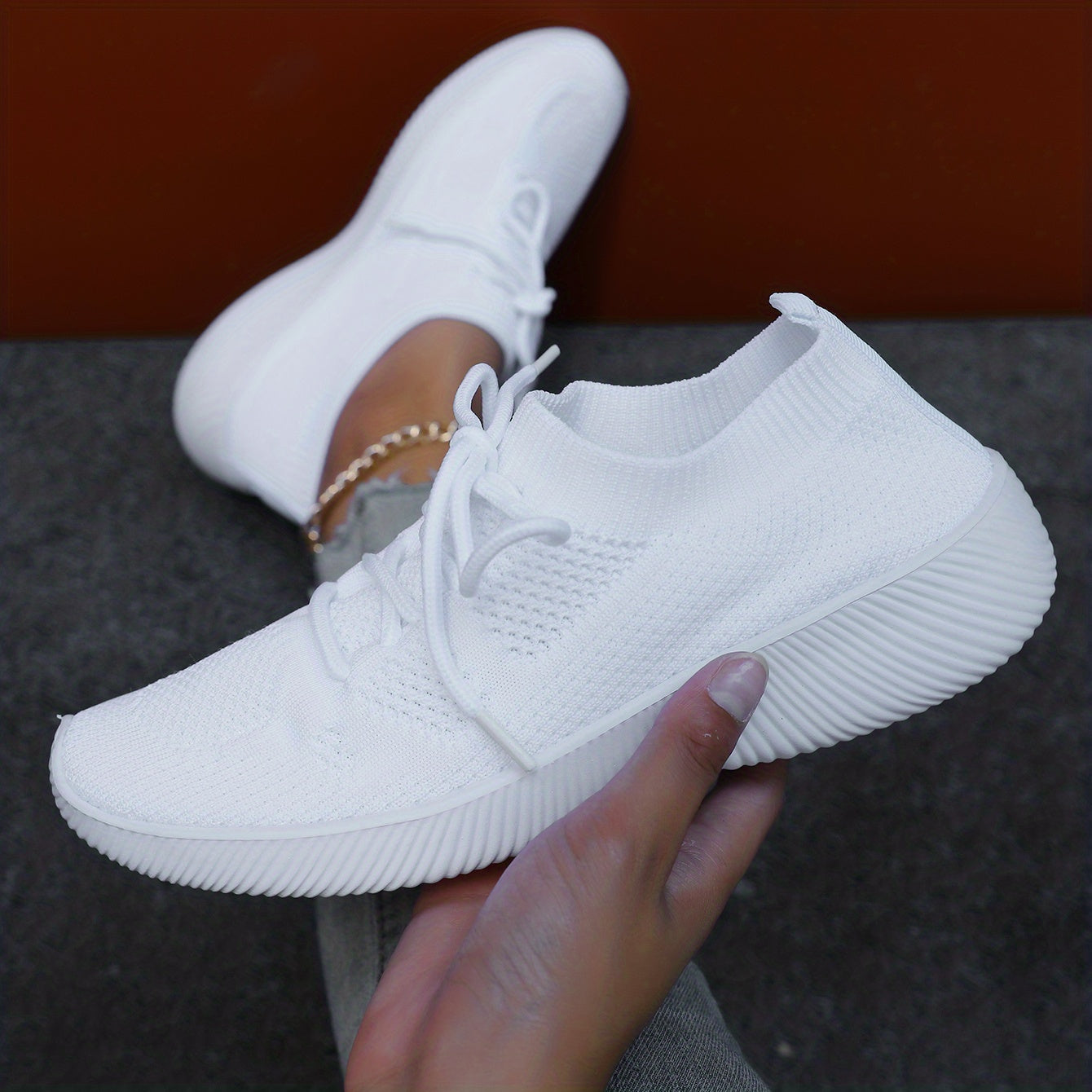 Women's Knit Athletic Shoes, Breathable Lace Up Low Top Running Trainers, Casual Gym Fitness Sneakers