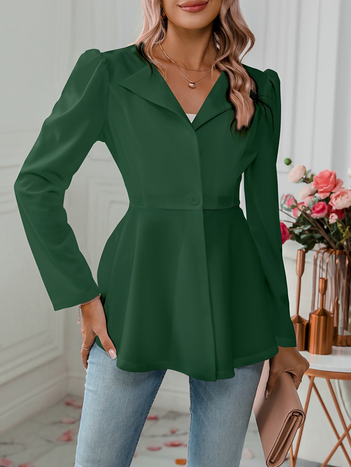 Notched Collar Flare Blazer, Elegant Long Sleeve Button Front Coat,