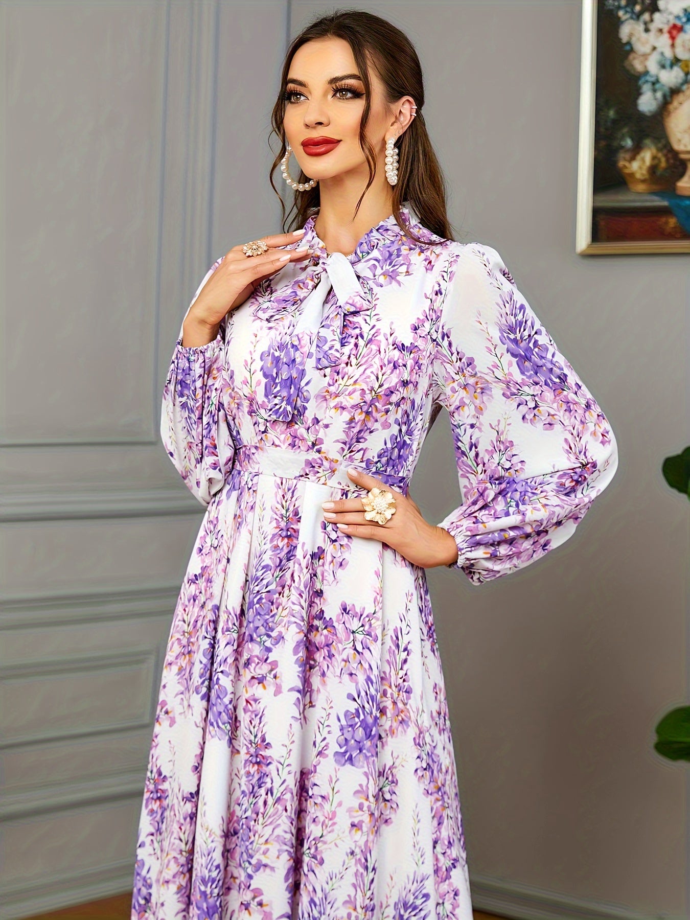 Ramadan Floral Print Tie Neck Kaftan Abayas, /MH
