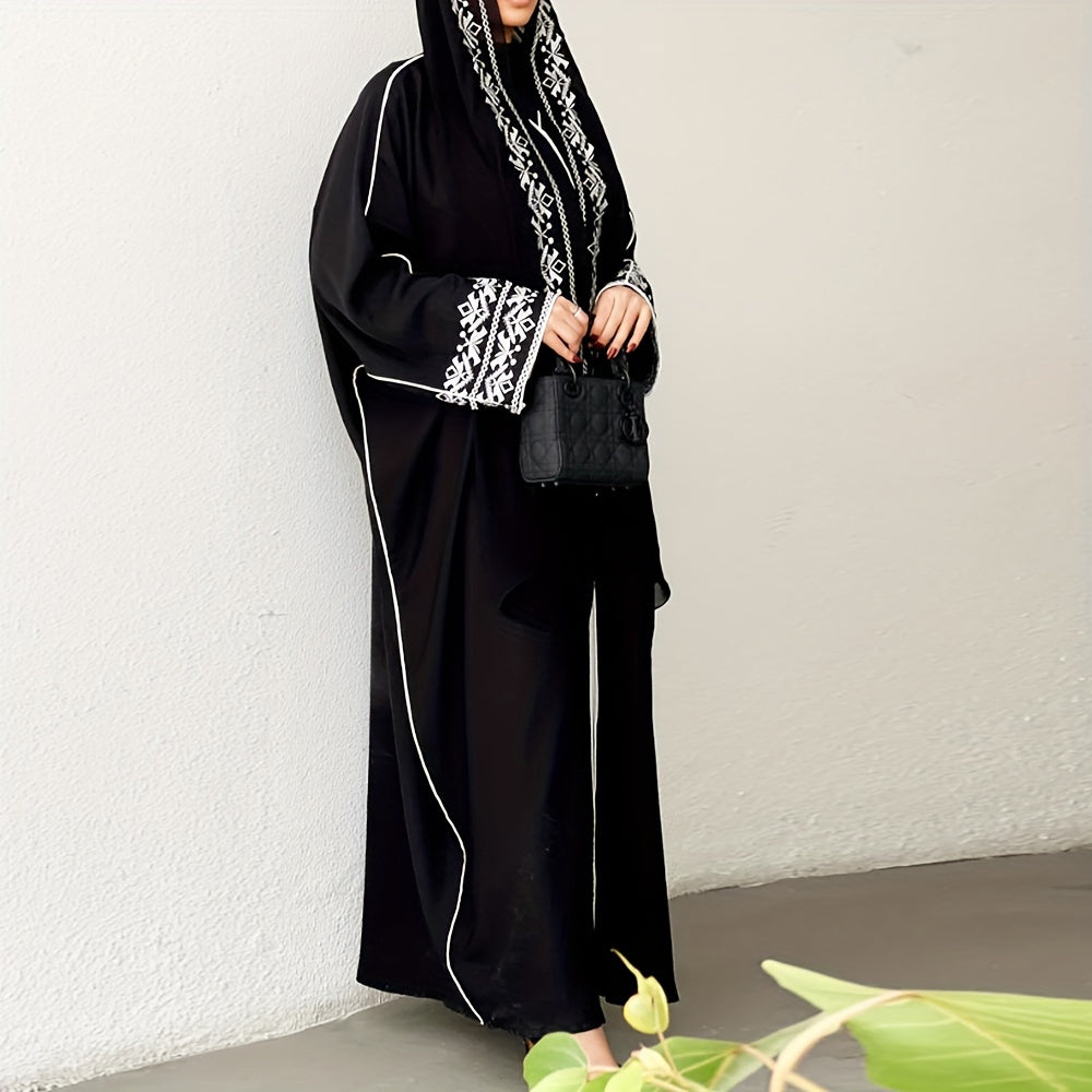 Women's New Abaya: Long, Black, Polyester, with White Floral Embroidery./MH