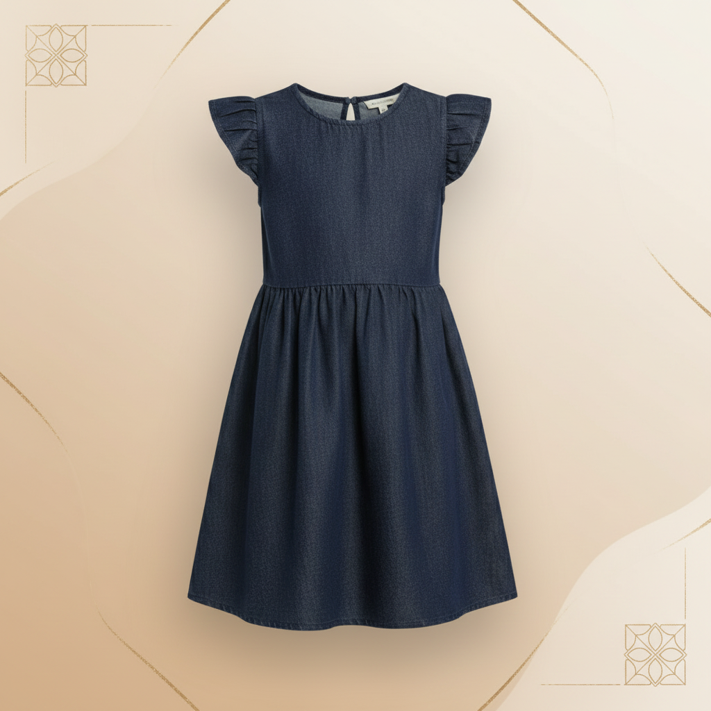 Girls Soft Denim Knee-Length Dress – Lightweight Flutter Sleeve Summer Outfit | Sizes (1-6Years) MH