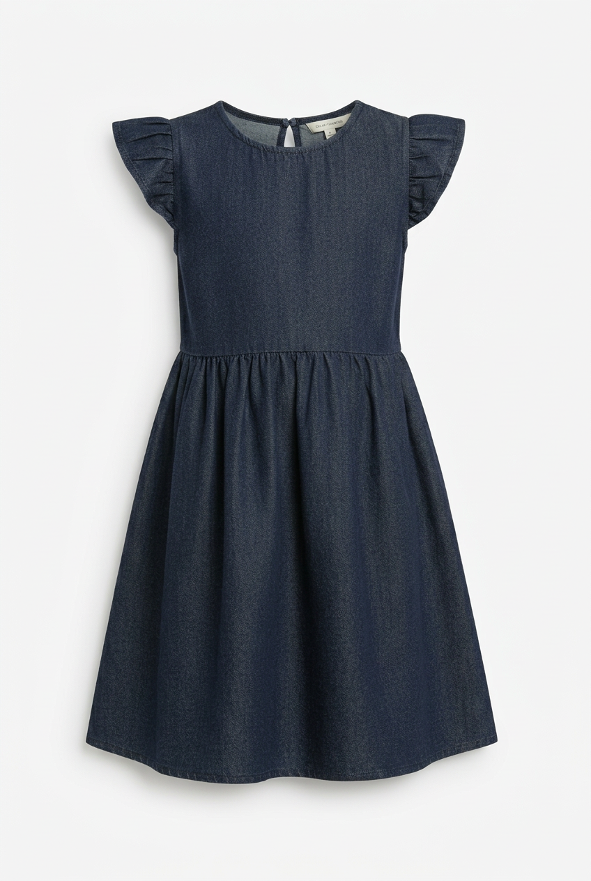 Girls Soft Denim Knee-Length Dress – Lightweight Flutter Sleeve Summer Outfit | Sizes (1-6Years) MH