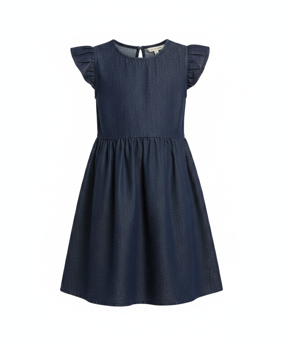 Girls Soft Denim Knee-Length Dress – Lightweight Flutter Sleeve Summer Outfit | MH