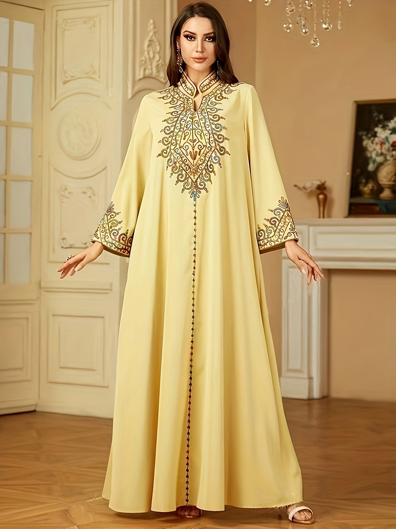 Elegant Light Blue Abaya with Intricate Floral Patterns - Long Sleeve, V-Neck, /MH