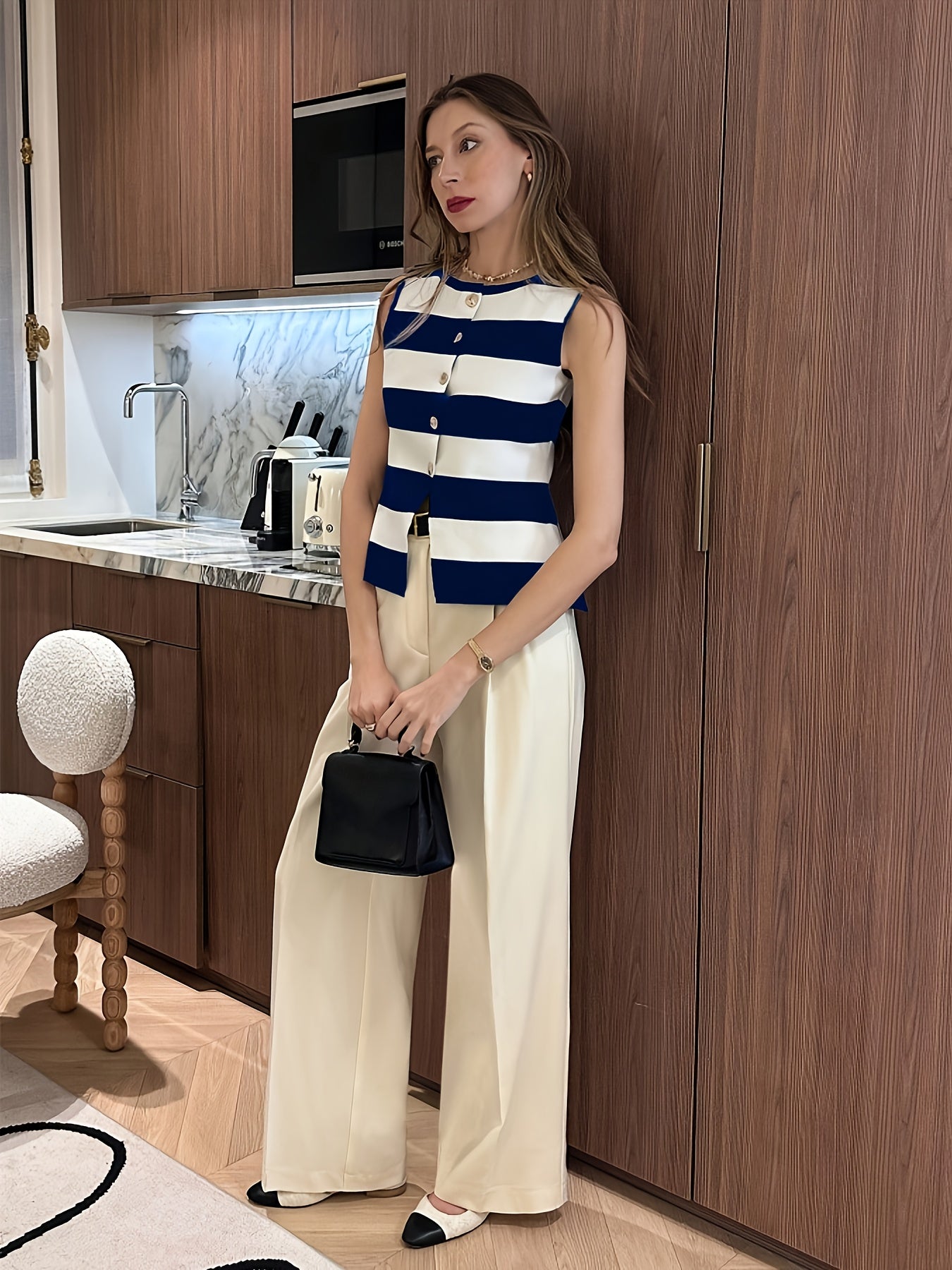 Women'S Navy & White Horizontal Stripe Button-Front Cardigan .