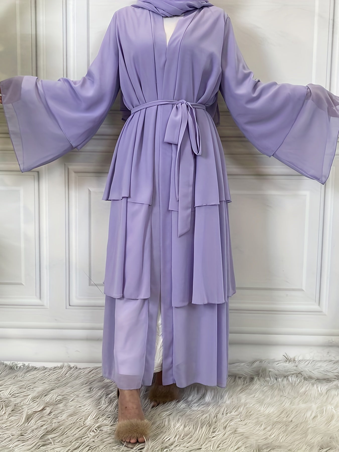 Layered Open Front Modest Dress, Long Sleeve Muslim Dress'/MH