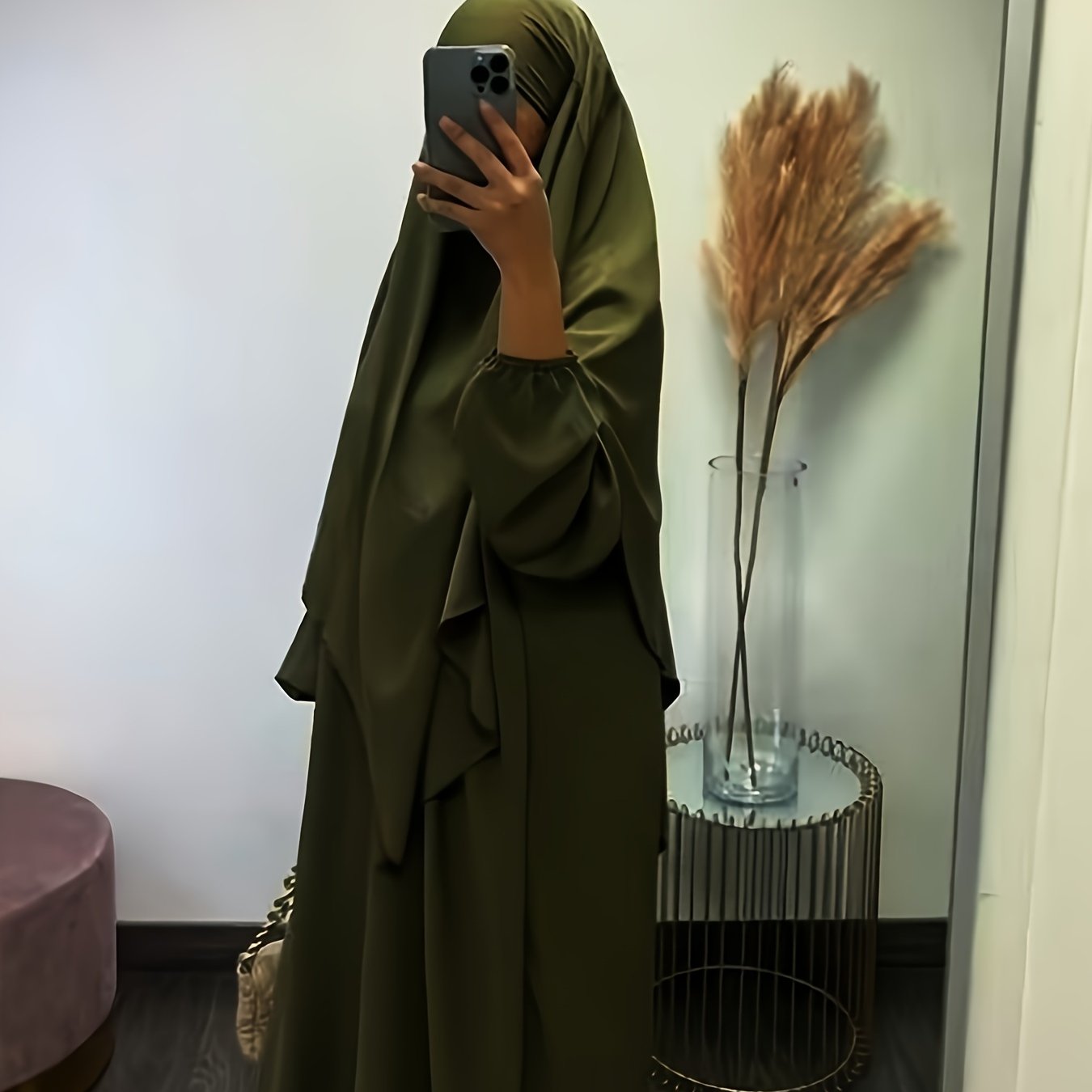 Solid Color Simple Modest Dress, Elegant Long Sleeve Maxi Dress With Hijab, /MH