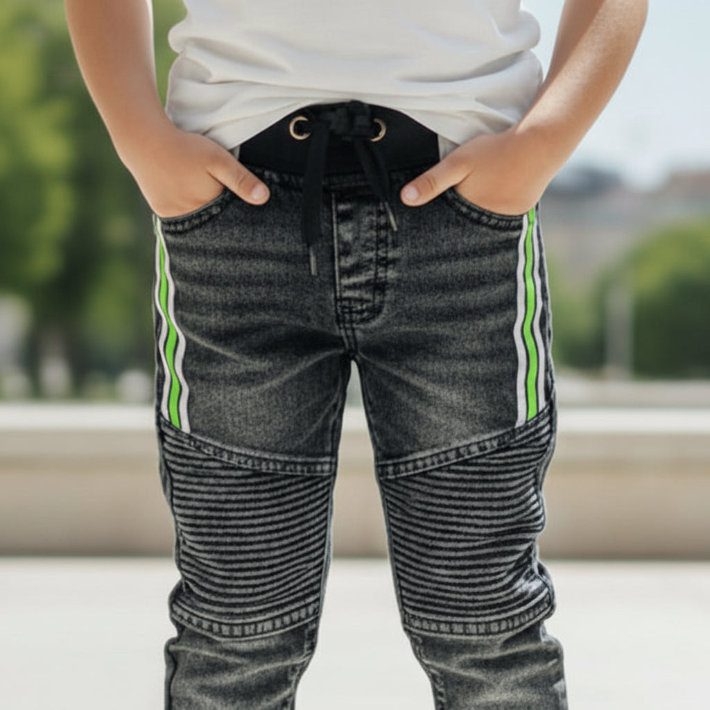 Toddler Boys Black Denim Joggers 1-6 Years | Stylish Casual Jeans with Bright Side Stripes | MH