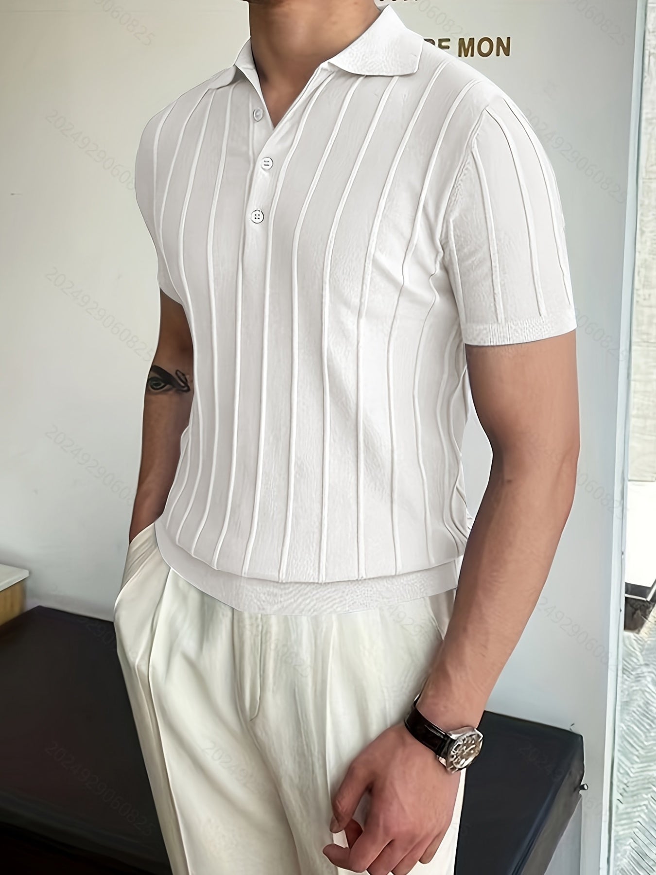 Vertical Striped Chic Shirt, Men's Casual Solid Color High Stretch .