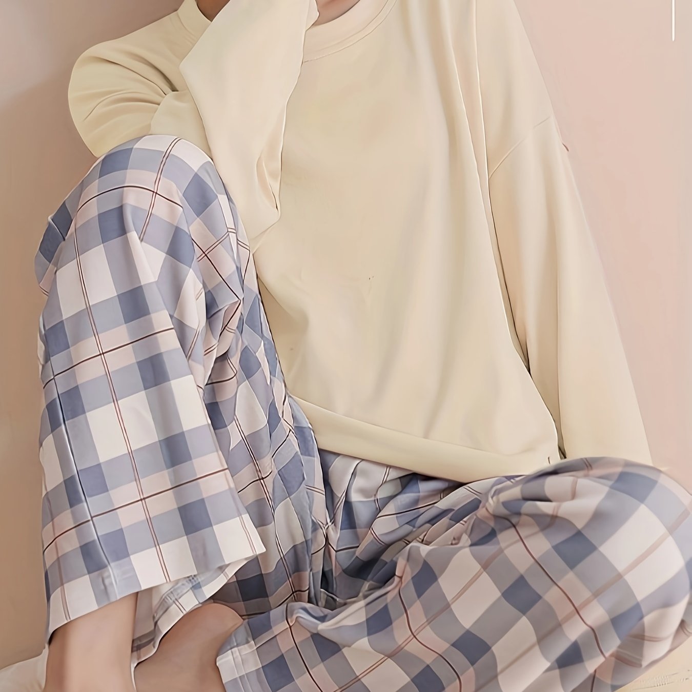 Plaid Print Crew Neck Pajamas Set,