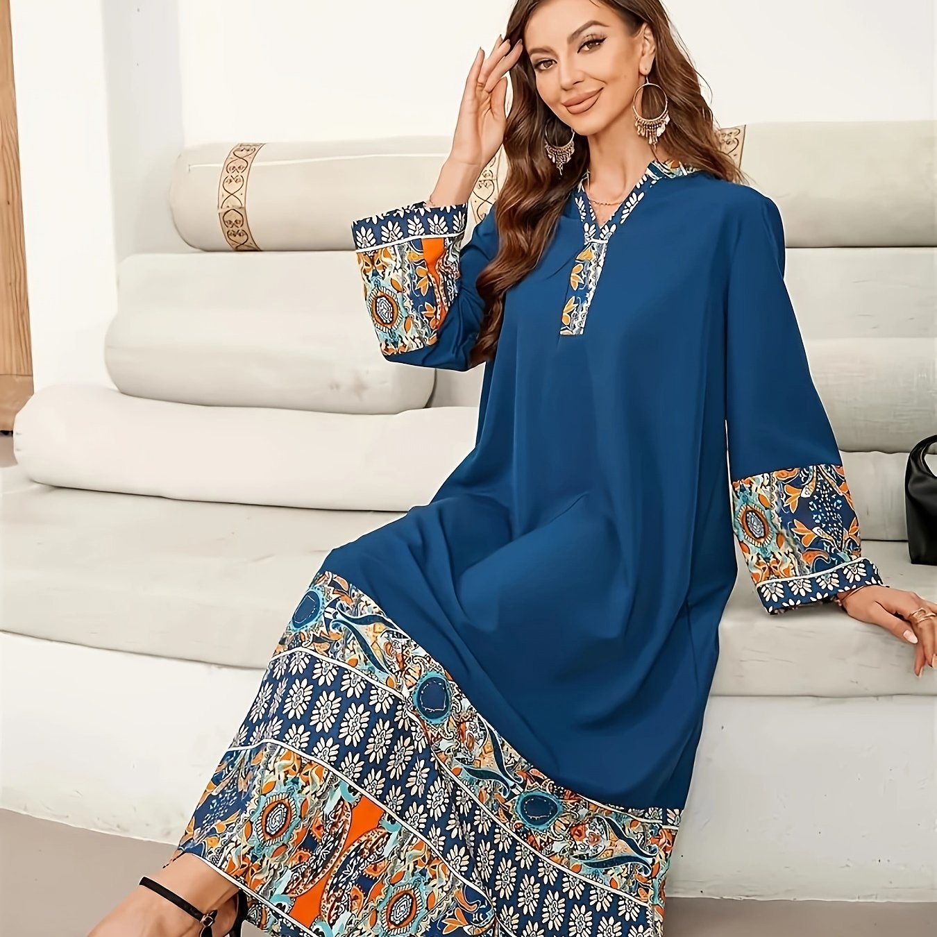 Paisley Print V-neck Kaftan Dress, Elegant Long Sleeve '/MH