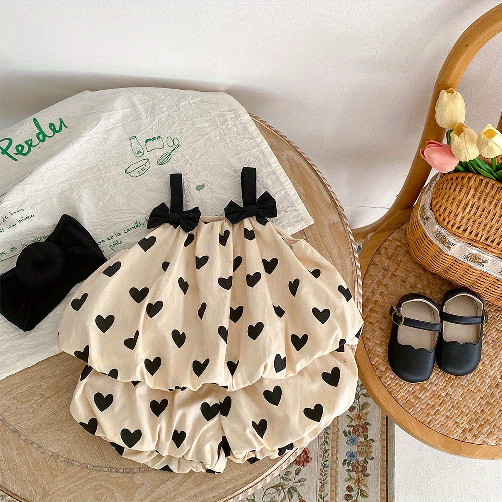 Baby Cotton Sleeveless Bowknot Decor Cami Top+Apricot Love Print Shorts 2pcs Set For Toddler Girls