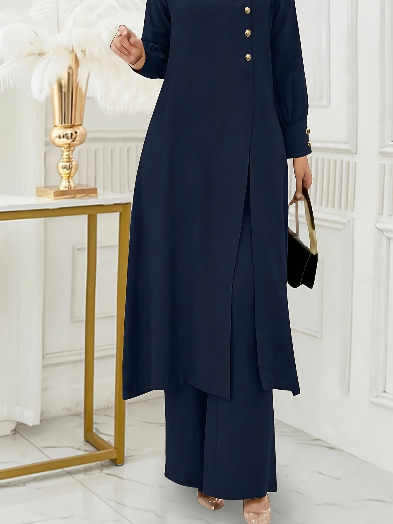 Solid Color Button Design Long Sleeve Top and Pants Set, Arabic Style,/MH