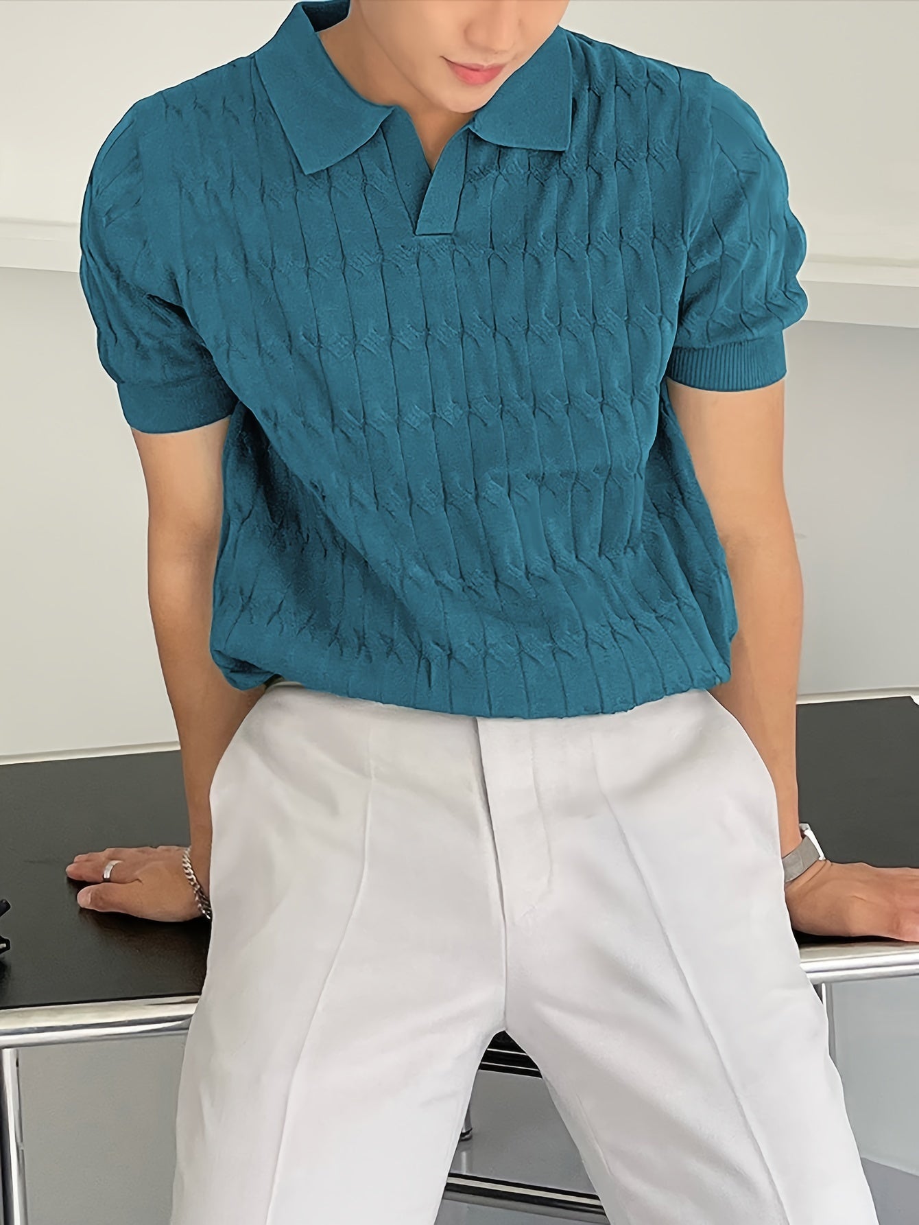 Chic Knit Shirt, Men's Casual Lapel Mid Stretch V-Neck Pullover Sweater